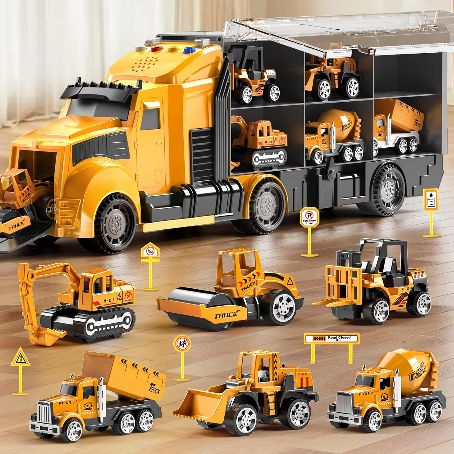 Construction Trucks Toy Set with Play Mat, Carrier Truck Play Vehicles Set for 3 4 5 6 Years Old Boys Kids, Die-Cast Car Toy for Toddlers 3-4 Years, Birthday Gifts Toys for 3-9 Year Old Boys image number 1