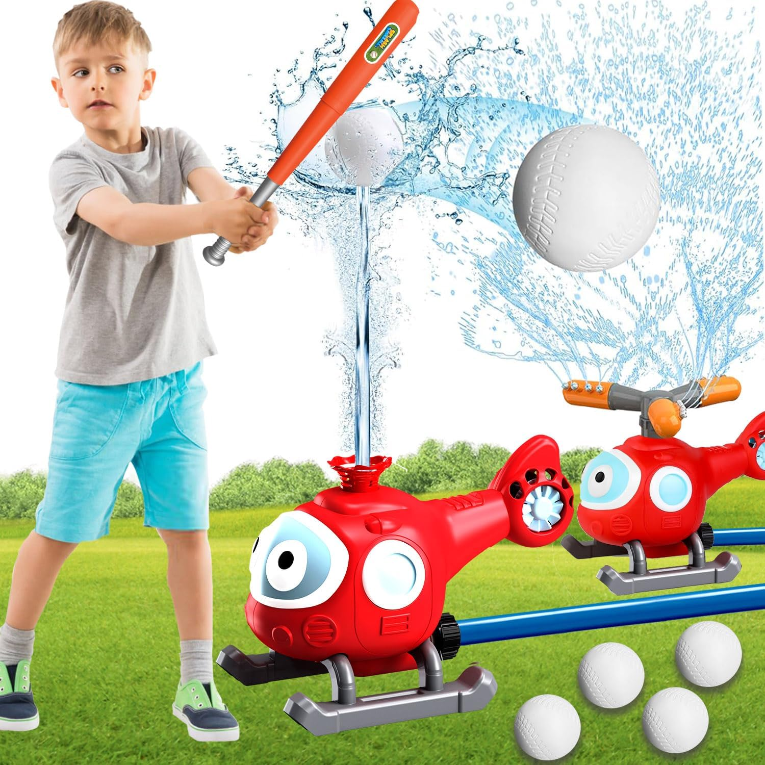 Water Sprinkler Baseball Toy for Kids Outdoor Play, 2 in 1 Snail Summer Water Game with 2 Sprinkler Heads, 360&deg; Roating Spray Water Baseball (Airplane) image number 3