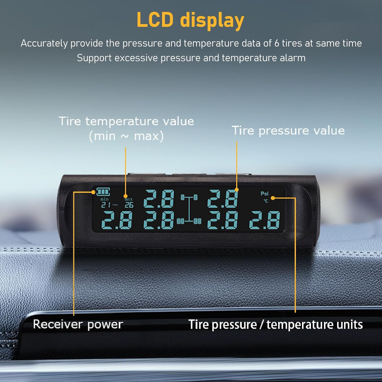 Solar Power Tire Pressure Monitoring System, 6 Wheels TPMS Pressure Sensor Monitor with LCD Display, 0-116Psi, Real Time Tyre Pressure Detector for RV Truck Suvs image number 4