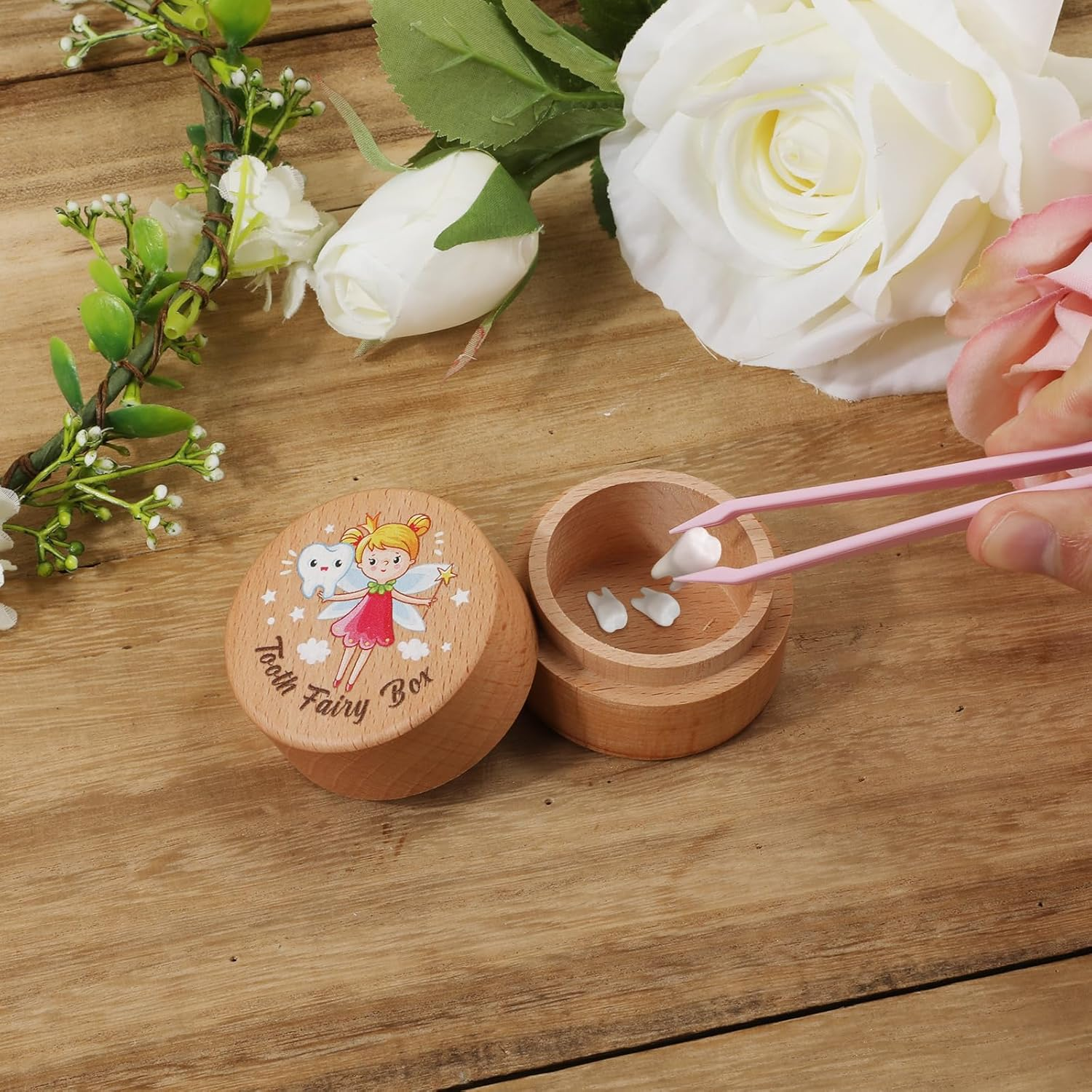 Tooth Fairy Box, Wooden Tooth Holder Tooth Cute Tooth Keepsake Box Tooth Storage Box Baby Tooth Saver Container Box for Kids Boys and Girls(Style 3) image number 4