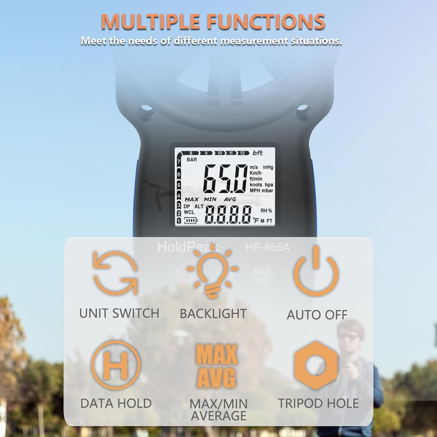 Holdpeak 866A Anemometer HVAC, Pro CFM Air Flow Meter for Wind Speed Temp Humidity Dew Point Airflow Measuring Device, Handheld Wind Gauge Meter with USB image number 4