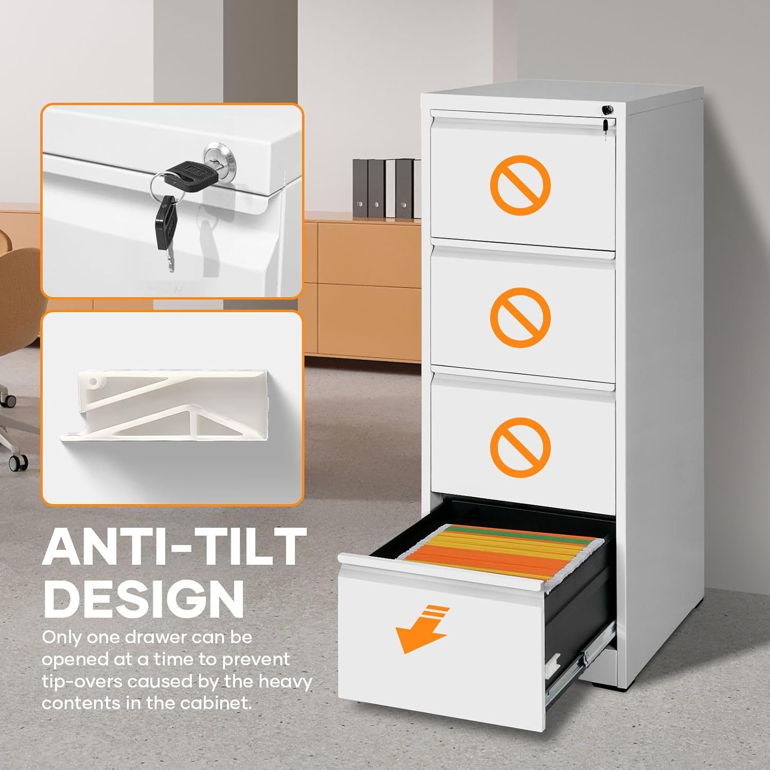 Steel File Cabinet 4 Drawer Metal Vertical Filing Locking Organiser Office Home Storage Cupboard Unit for Letter Legal A4 F4 Documents White image number 6