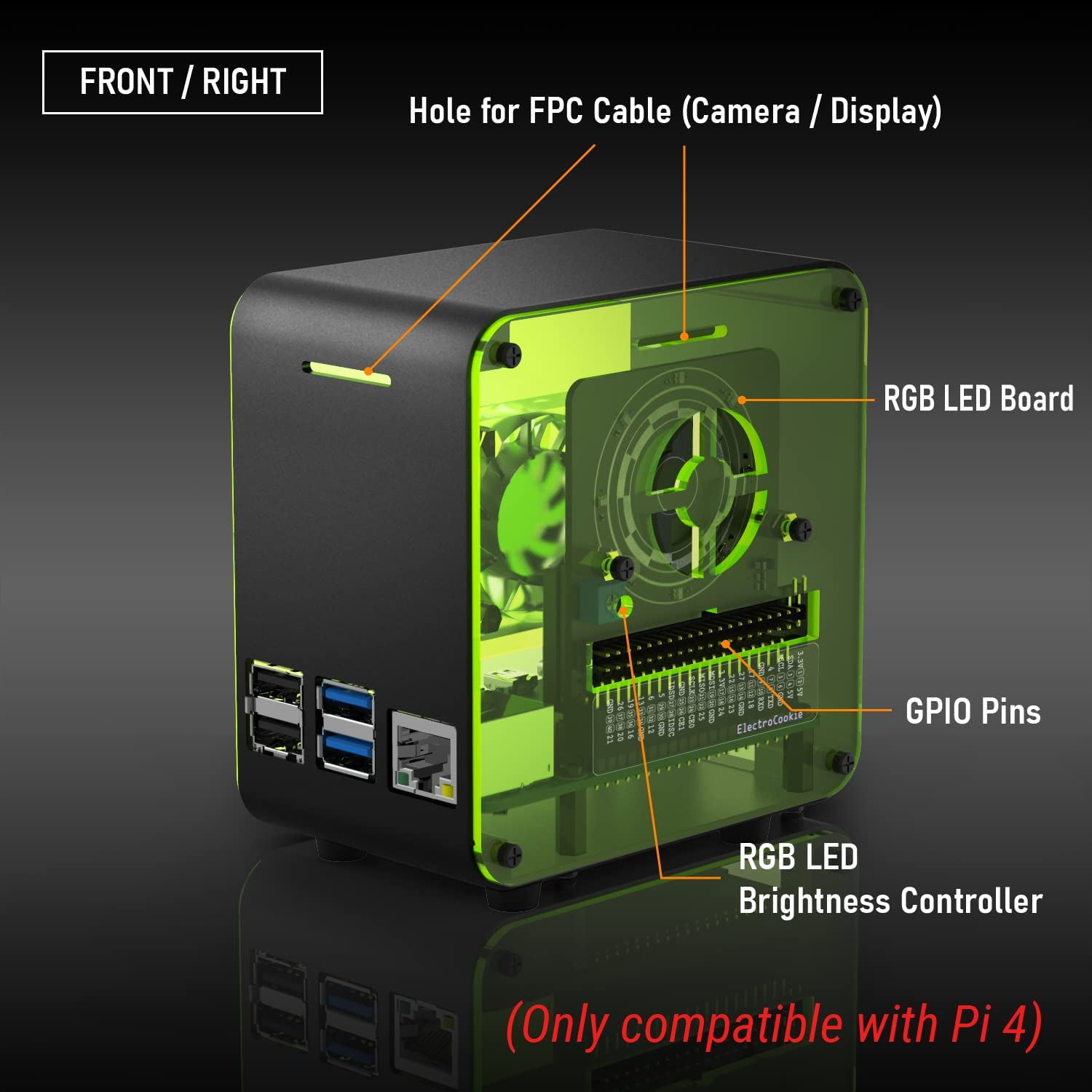 Electrocookie Raspberry Pi 4 Case, Aluminum Mini Tower Case with Cooling Fan and Color Changing Ambient Light (Black Neon) - 1.Matte Black image number 7