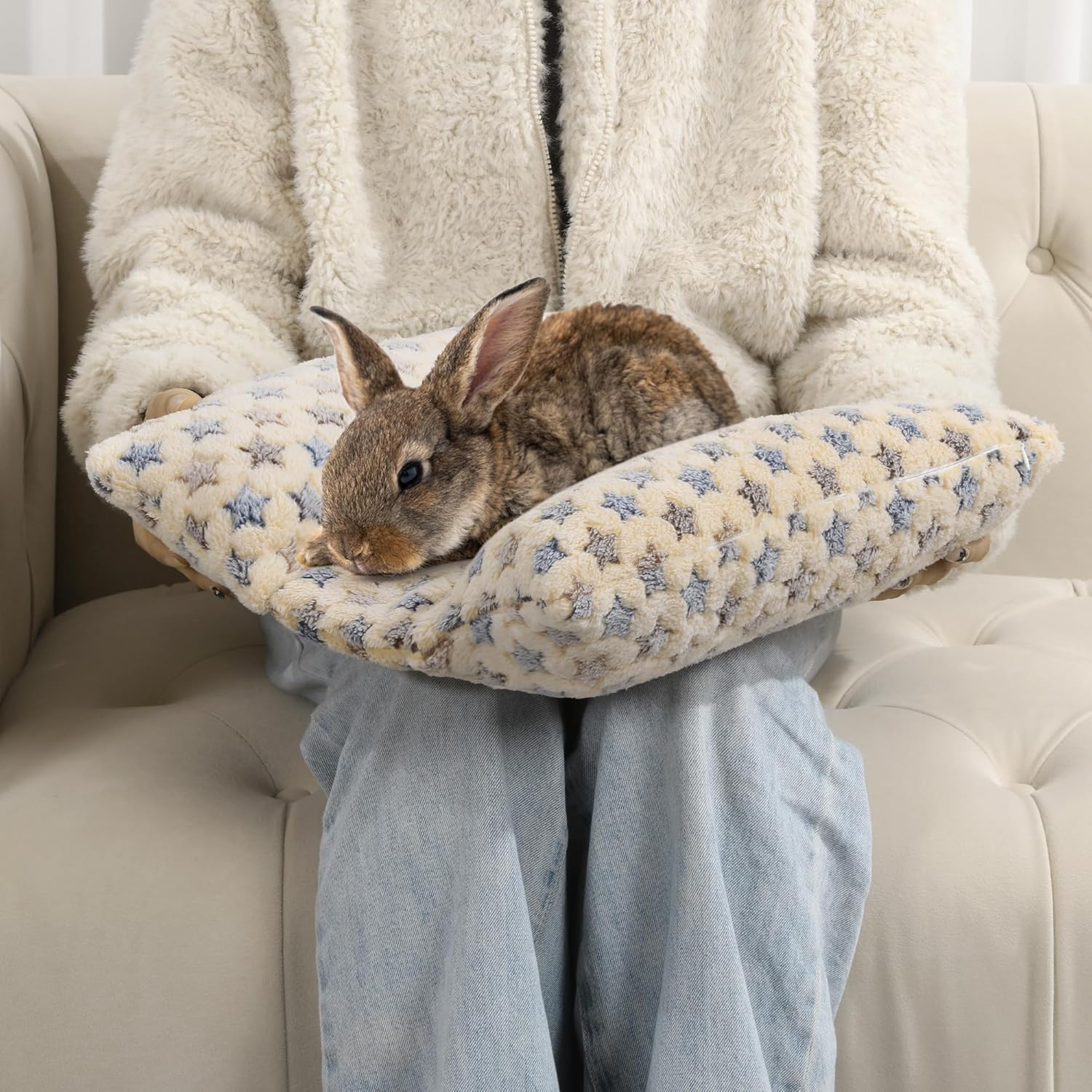 HOMBYS 5" Thickened Bunny Bed, Cuddle Rabbit Bed Soft Plush Cuddle Cushion with Lounger Pillow, Warp Design for Indoor Small Animals, Kitten, Hamster, Guinea Pig, Small Pet Flop Mat, (Yellow) image number 3