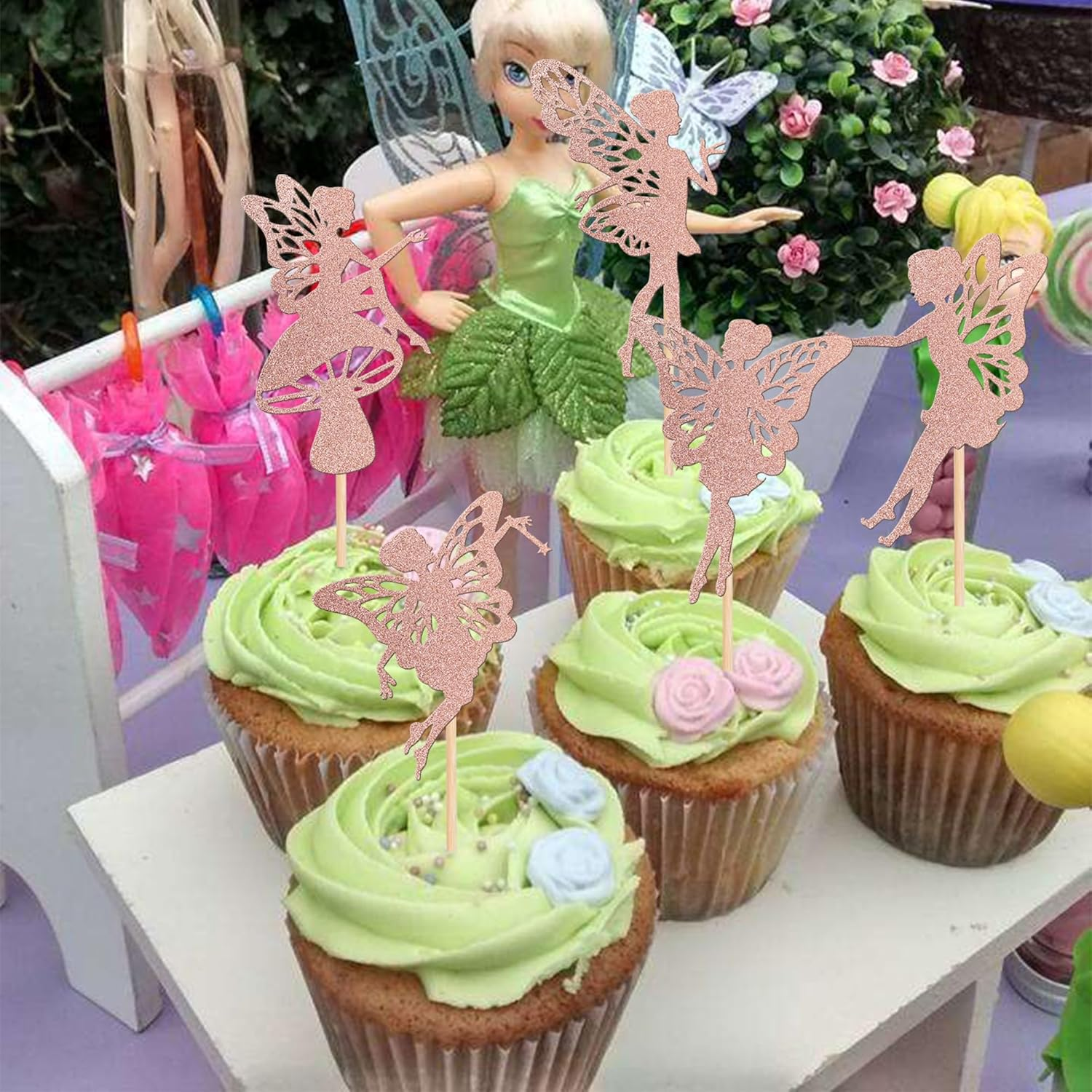 30 Pack Fairy Cupcake Toppers Glitter Flower Angel Fairy Ballet Dancer Cupcake Picks for Wedding Bridal Shower Baby Shower Birthday Party Cake Decorations Supplies Rose Gold image number 1