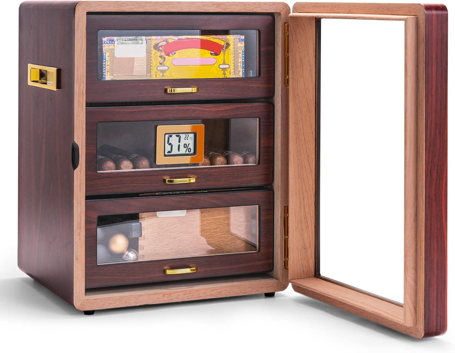 CIGARLOONG Cigar Humidor Cedar Wood 3 Drawers with Hygrometer and Humidifier Hidden Handle Moisturizing Box,Holds 100 Cigars Large Indoor Humidor(Brown2) image number 5