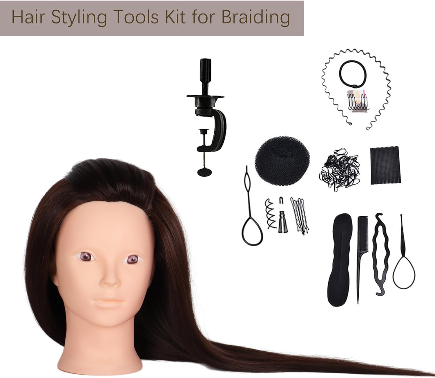 Hair Styling Training Head, 23" Dark Brown Cosmetology Mannequin Head Hairdressing Manikin Doll Head with Clamp & Styling Tools (Brown without Makeup) - Brown Without Makeup image number 2