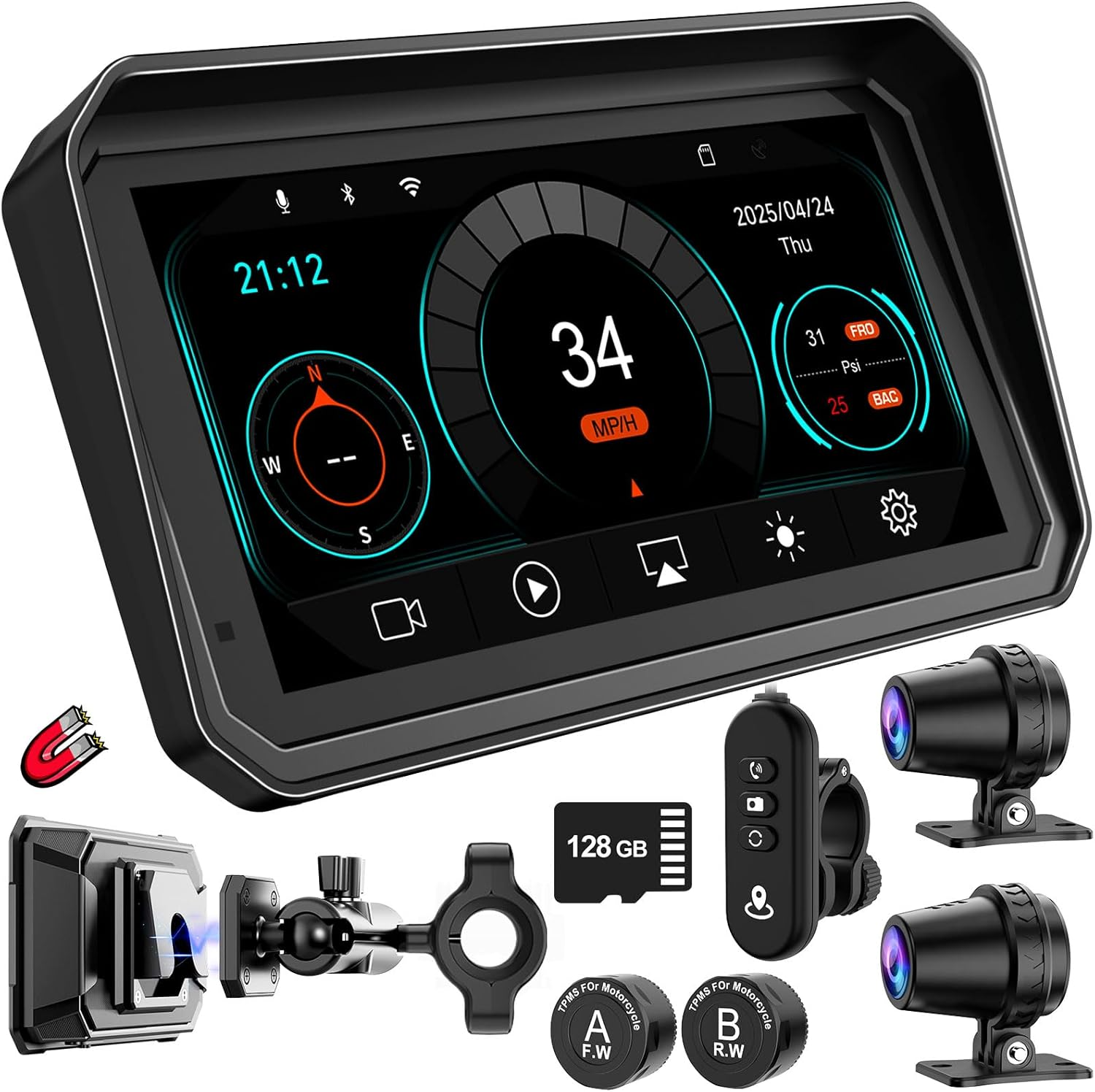 LBW 6" Pro Portable Motorcycle Dash Cam,Quick-Release Magnetic Bracket,Wireless Motorcycle Carplay & Android Auto, Motorcybike TPMS GPS Navigation, MT600 IP67 Waterproof Touchscreen, 128G SD Card image number 1