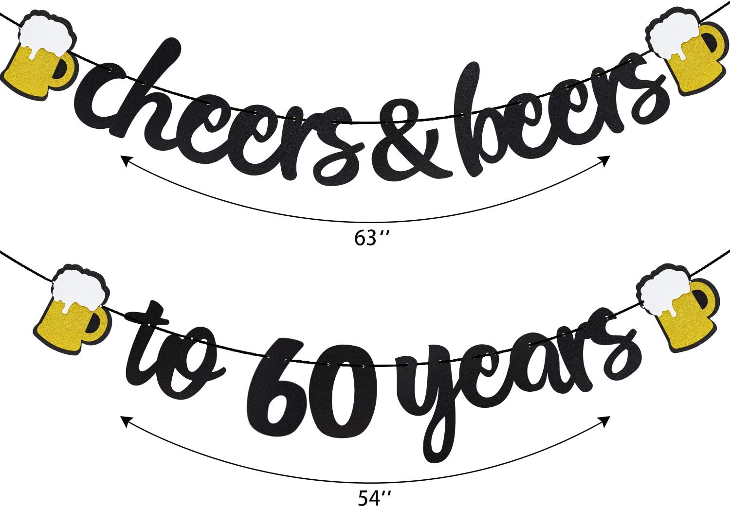 Cheers & Beers to 60 Years Black Glitter Banner for 60Th Birthday Wedding Aniversary Party Supplies Decorations - PRESTRUNG image number 5