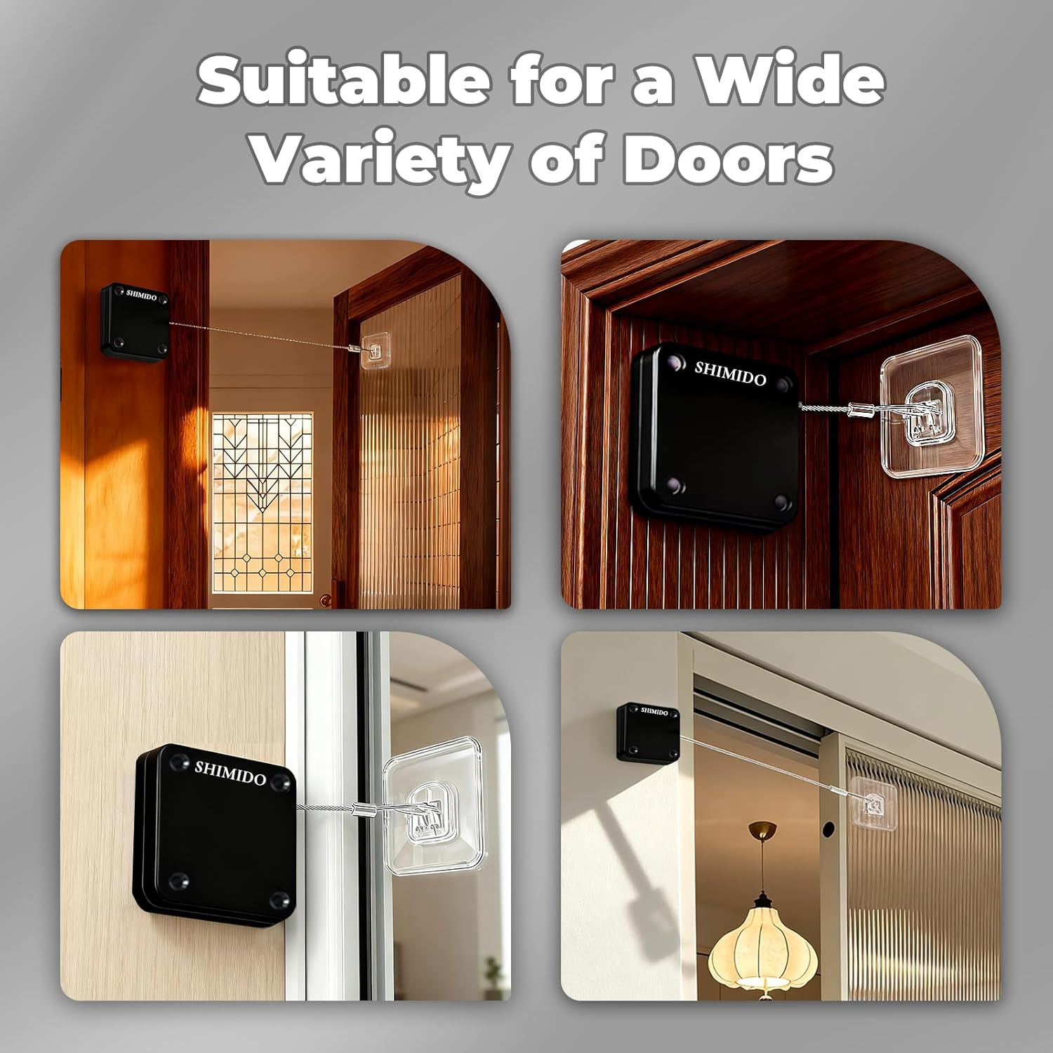 SHIMIDO Upgraded Punch-Free 1000G Automatic Screen Door Closer, Storm Door Closer, Sliding Screen Auto Closer with Steel Drawstring for Bathroom, Bedroom, Studyroom (4 Pack Black) image number 2