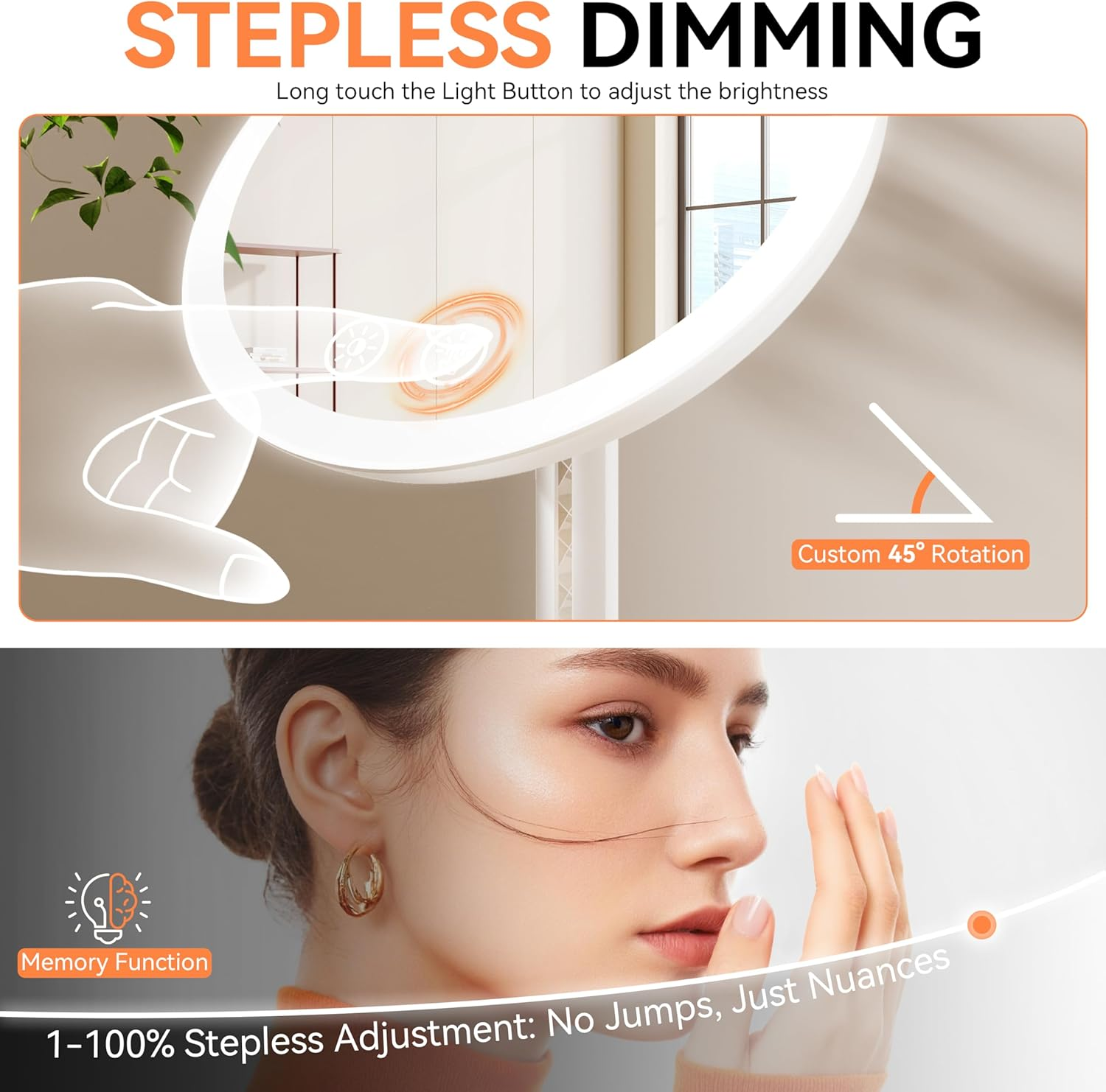 Auxmir Cosmetic Mirror with Lighting, 3 Light Colours, USB Rechargeable 46 LED Make-Up Mirror, Standing Mirror, Continuous for Dimmable Brightness, Premium 1 X HD Mirror with Small 10 X for Home, Hotel image number 4