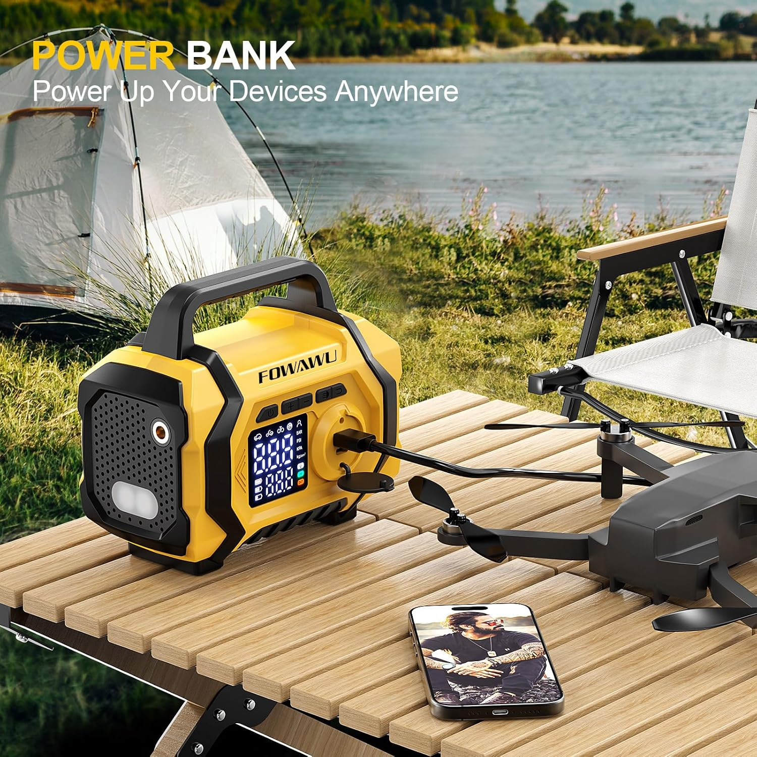 FOWAWU 6000A 26800Mah Jump Starter with Air Compressor, Car Battery Jumper Starter Power Bank (ALL Gas/10.0L Diesel), Cordless Auto-Shutoff Tire Inflator, Type-C Quick Charge, Smart Jumper, LED Lights image number 2