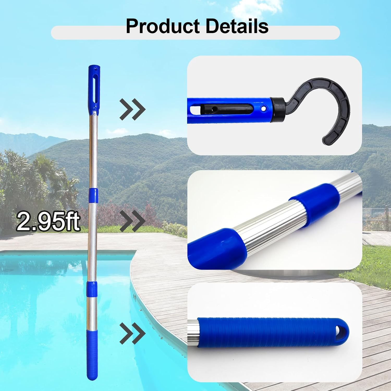 Hook with Swimming Telescopic Pole for All Robotic Pool Cleaner Customized for Pool Vacuum Robot Including Cordless,Above Ground and Underwater,3-Section 3 Feet Adjustable Aluminum Pole with Hook image number 3