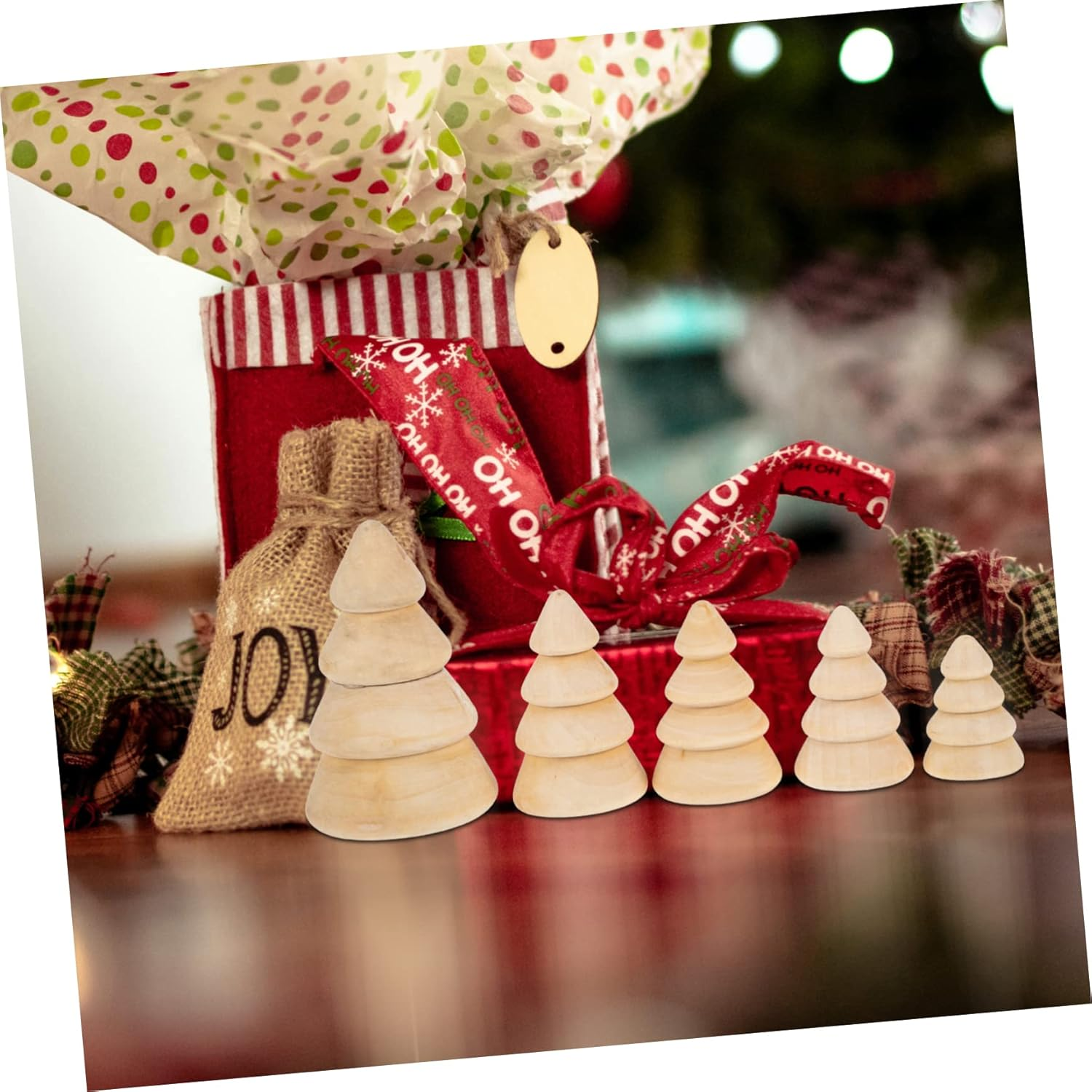 Wood Christmas Tree Ornament Set 5Pcs DIY Large Natural Wood Xmas Tree Decor for Home Festival Decoration image number 5