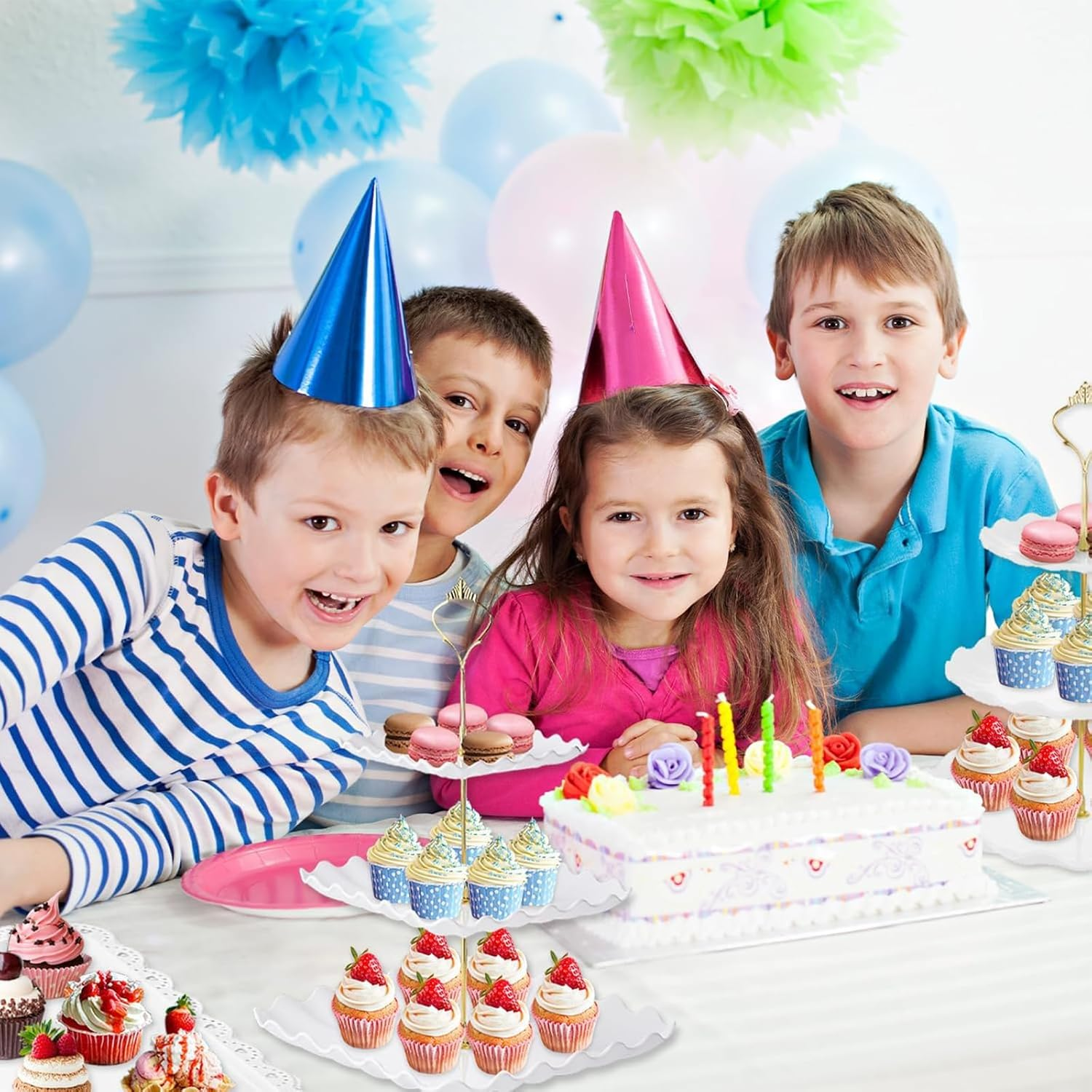 12 Pcs Dessert Table Display Set, Dessert Cupcake Stand,4 Pcs 3 Tier Cupcake Stand Tower Holder and 6 Pcs Serving Tray and 2 Tongs for Tea Party Birthday Baby Bridal Shower Party image number 4