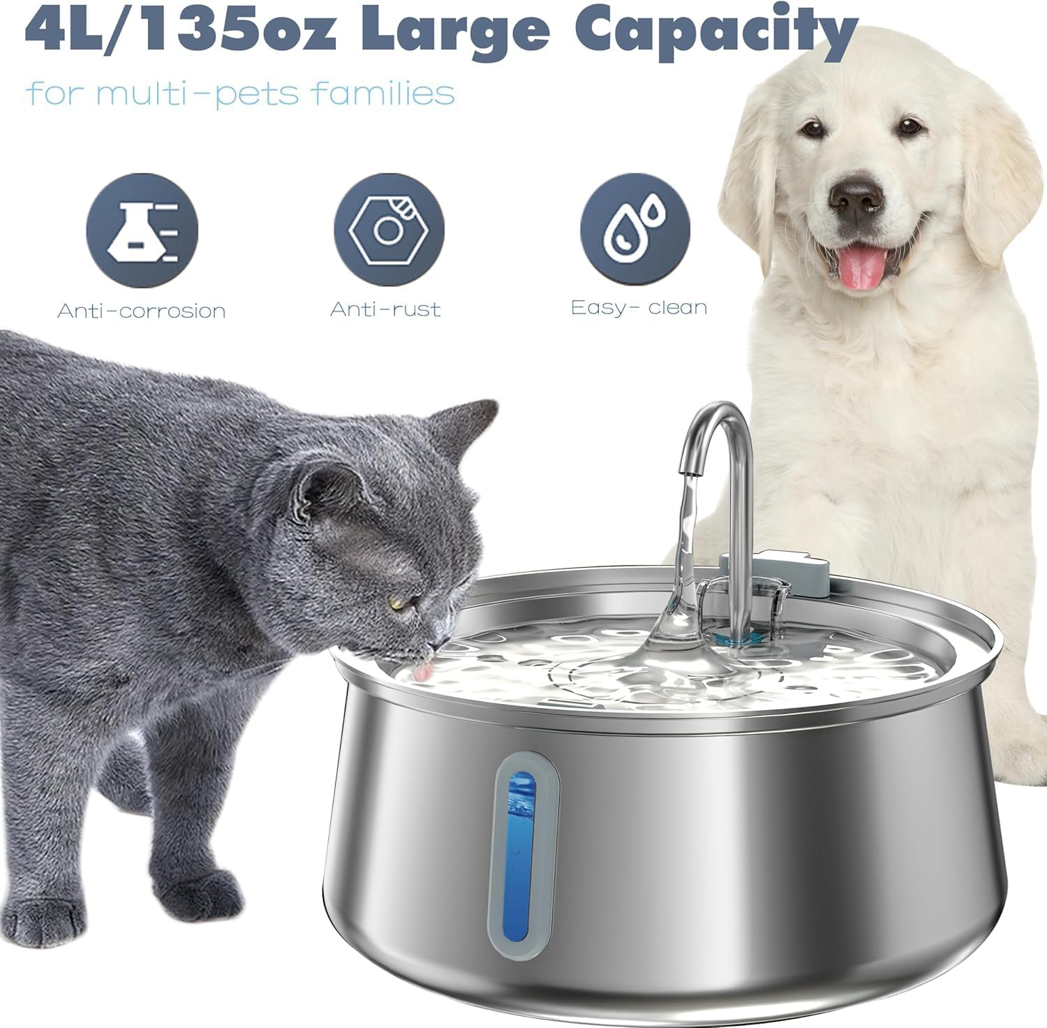 Cat Water Fountain Stainless Steel, 134Oz/4L Automatic Pet Fountain with LED Level Window, Ultra Quiet Dispenser with Filter and Sponge, Faucet for Cat, Dog image number 5