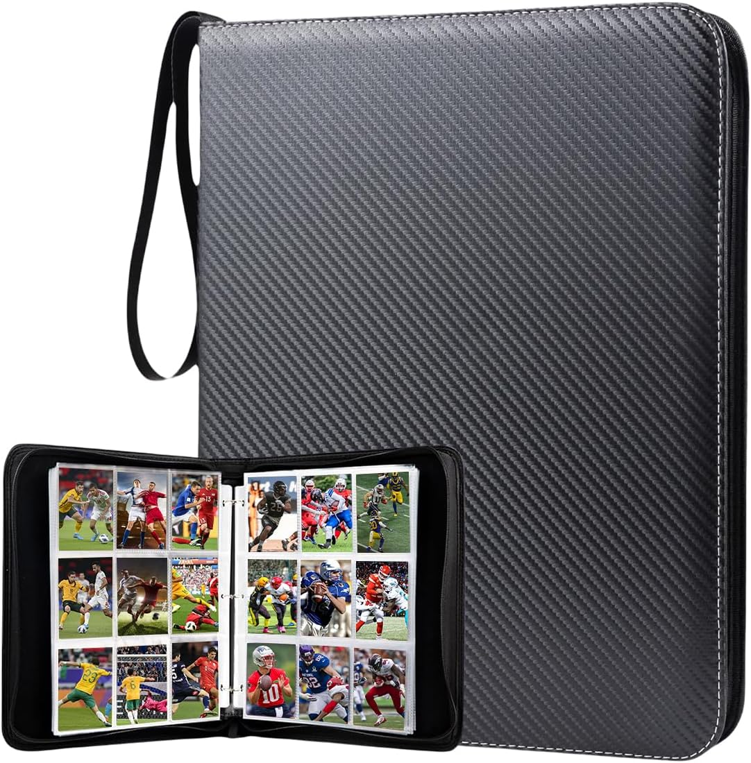 9 Pocket Premium Zip Trading Card Binder - 720 Double Sided Pocket PU Collection Album for MTG, TCG, Sports Cards (Carbon Black)
