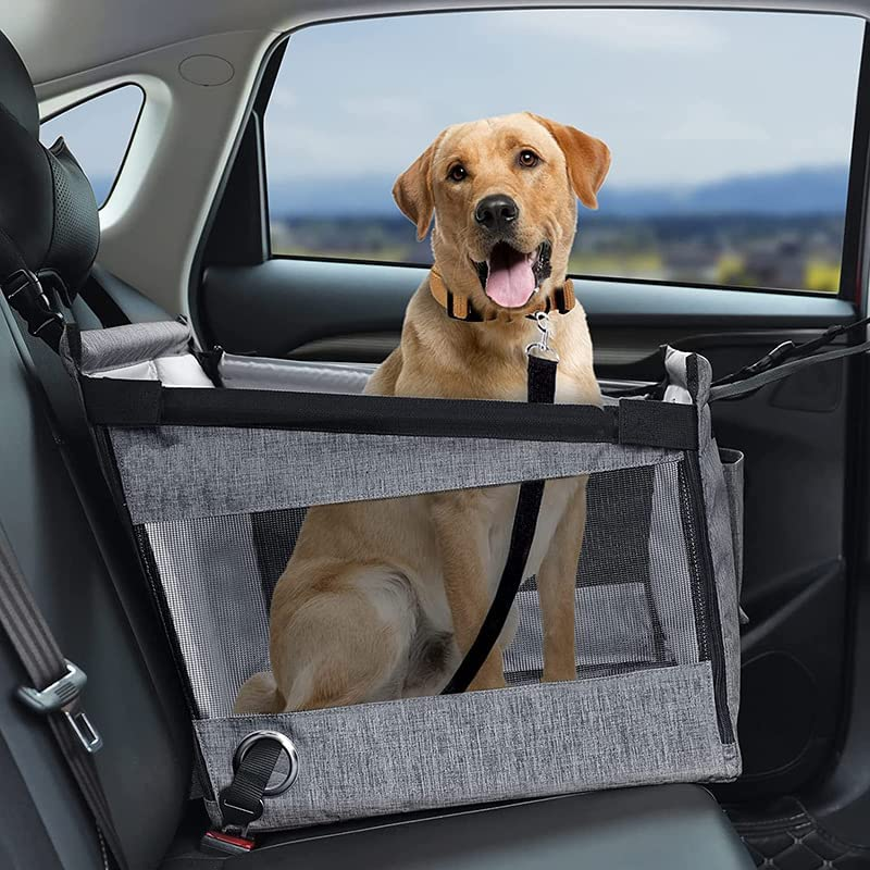 Dog Car Seat for Pet Travel with Waterproof Pad, Half Seat Dog Hammock,Harness Hook, Breathable Mesh, Adjustable Backseat Safety Belt (Gray) (Gray) image number 1