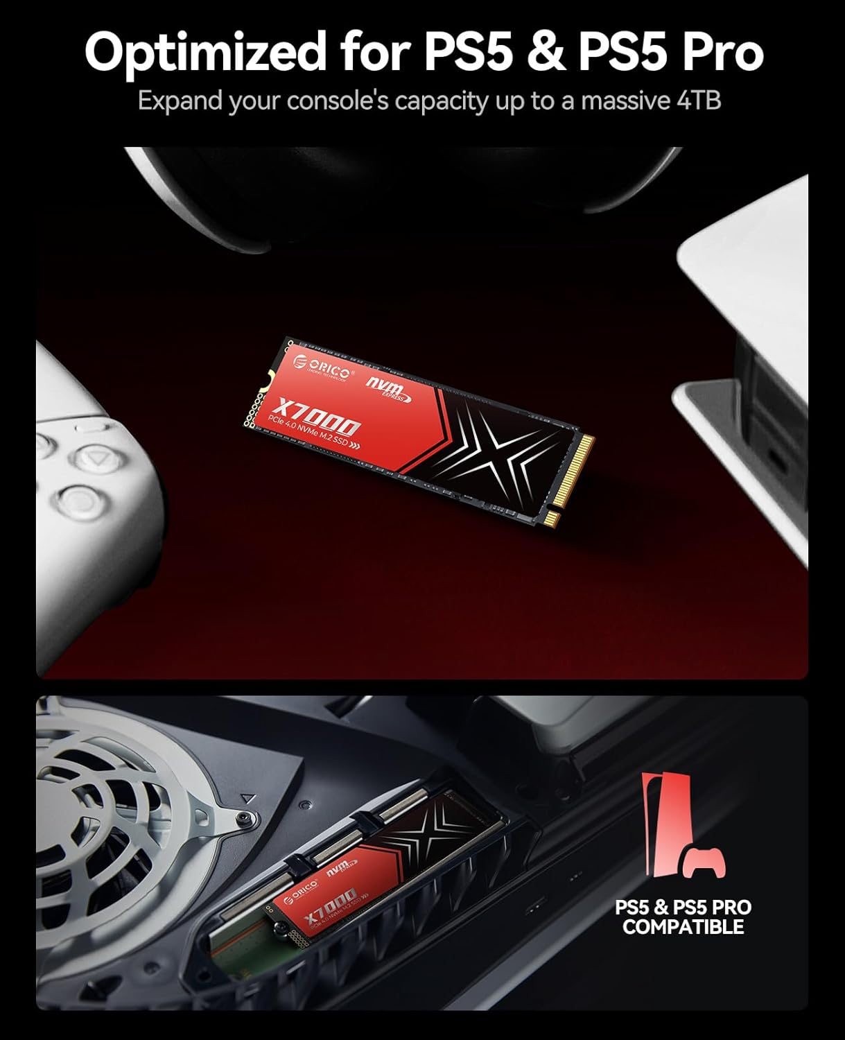 ORICO X7000 2TB Nvme SSD for Gaming, 7400Mb/S Read Speed, 17&Mu;s Response Time, Pcie Gen 4 Internal Drive, PS5 & PC Compatibility, Comes with Heatsink for Enhanced Cooling and Multitasking image number 2