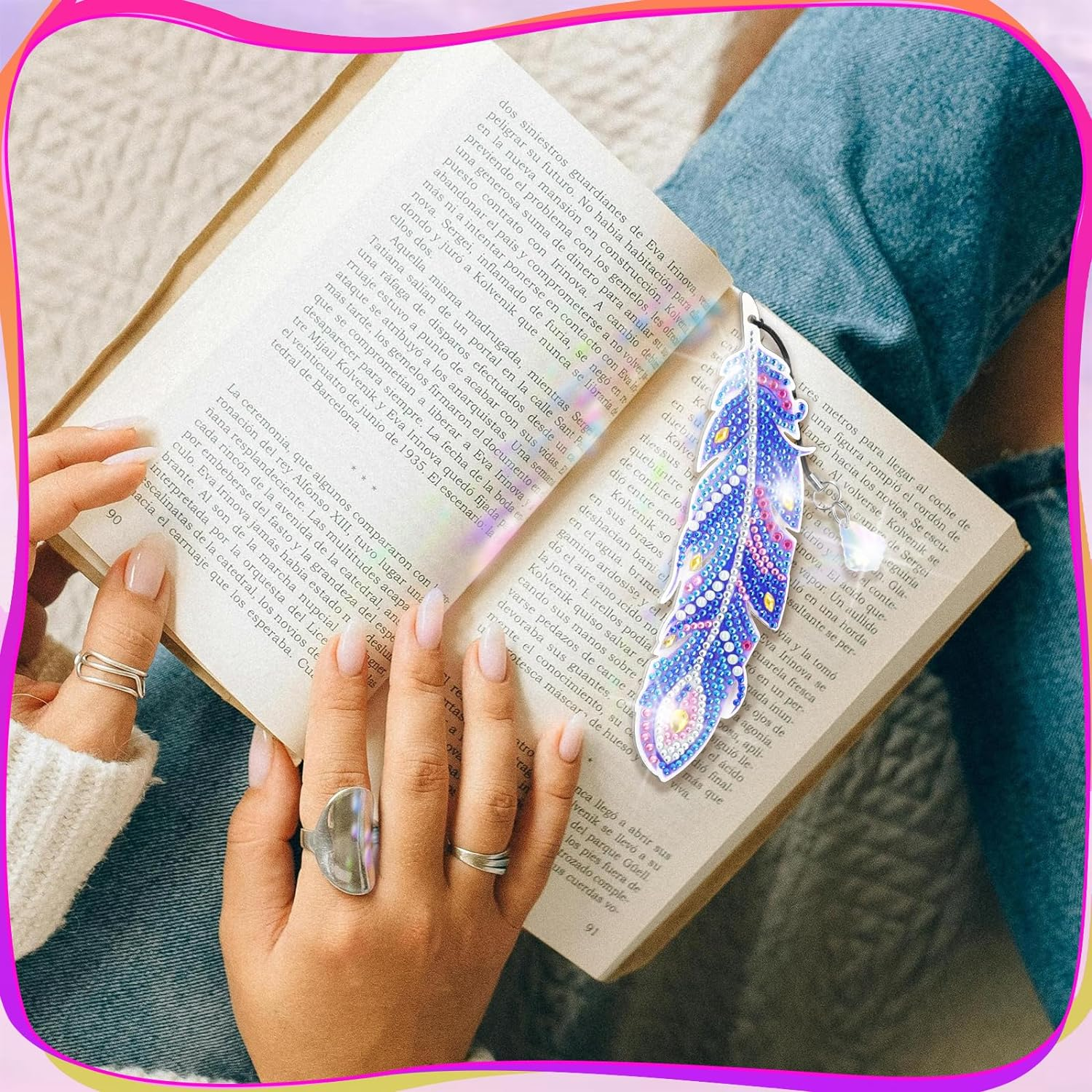 MATHARAGO 6 Pcs Diamond Painting Kits for Kids, Feather Bookmark Diamond Art Kits, DIY Crystal Diamond Art for Kids, Enfants, Girls and Women, Diamond Painting Bookmarks with Crystal Pendant (YQ087) image number 1