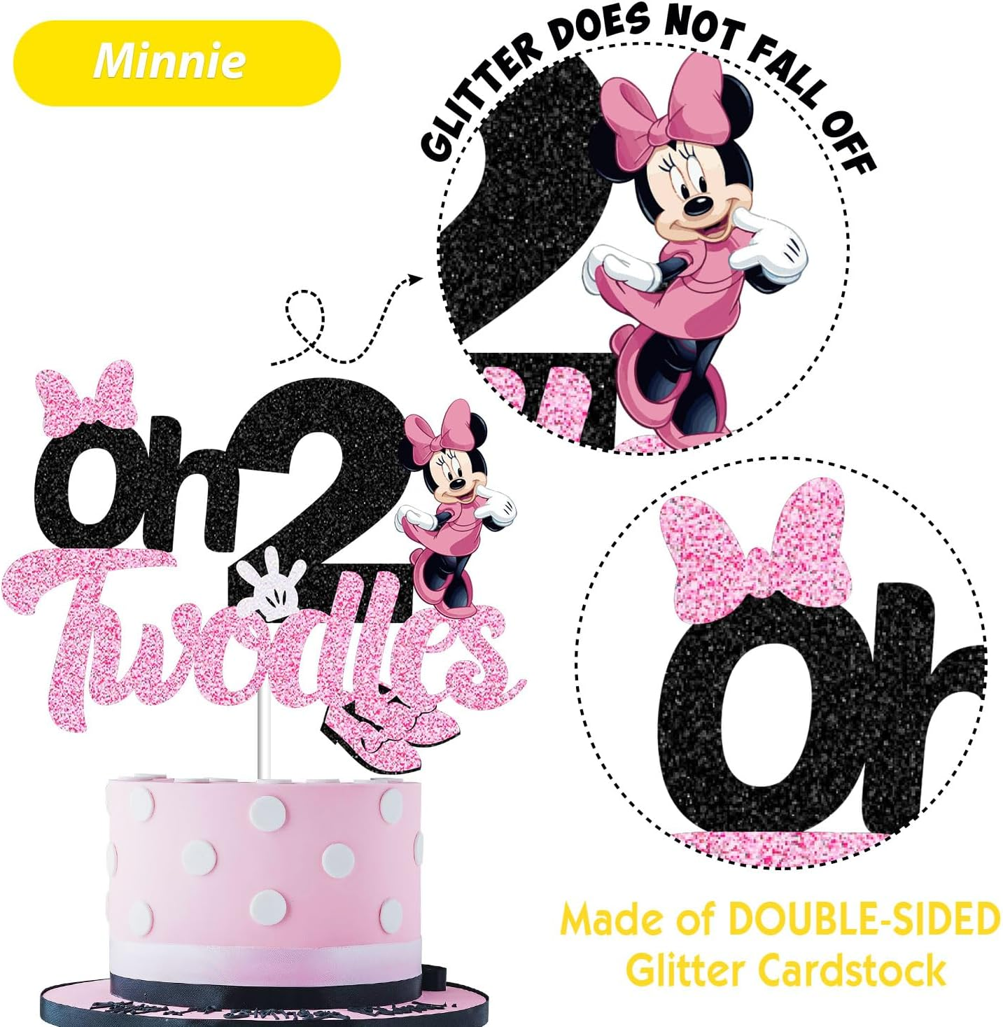 Oh Twodles Cake Topper for Girls, Black Glitter Mouse Second 2Nd Birthday Cake Topper with Pink Bows and White Gloves Girls Birthday Party Decorations Supplies(Double-Sided) image number 6