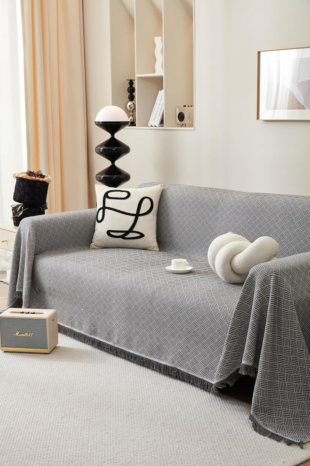 Sofa Cover Blanket, L Shape Sectional Couch Covers Protector (NOT for Dog Cat Pet) Weaved (Grey, 180X380Cm/71X150) image number 6