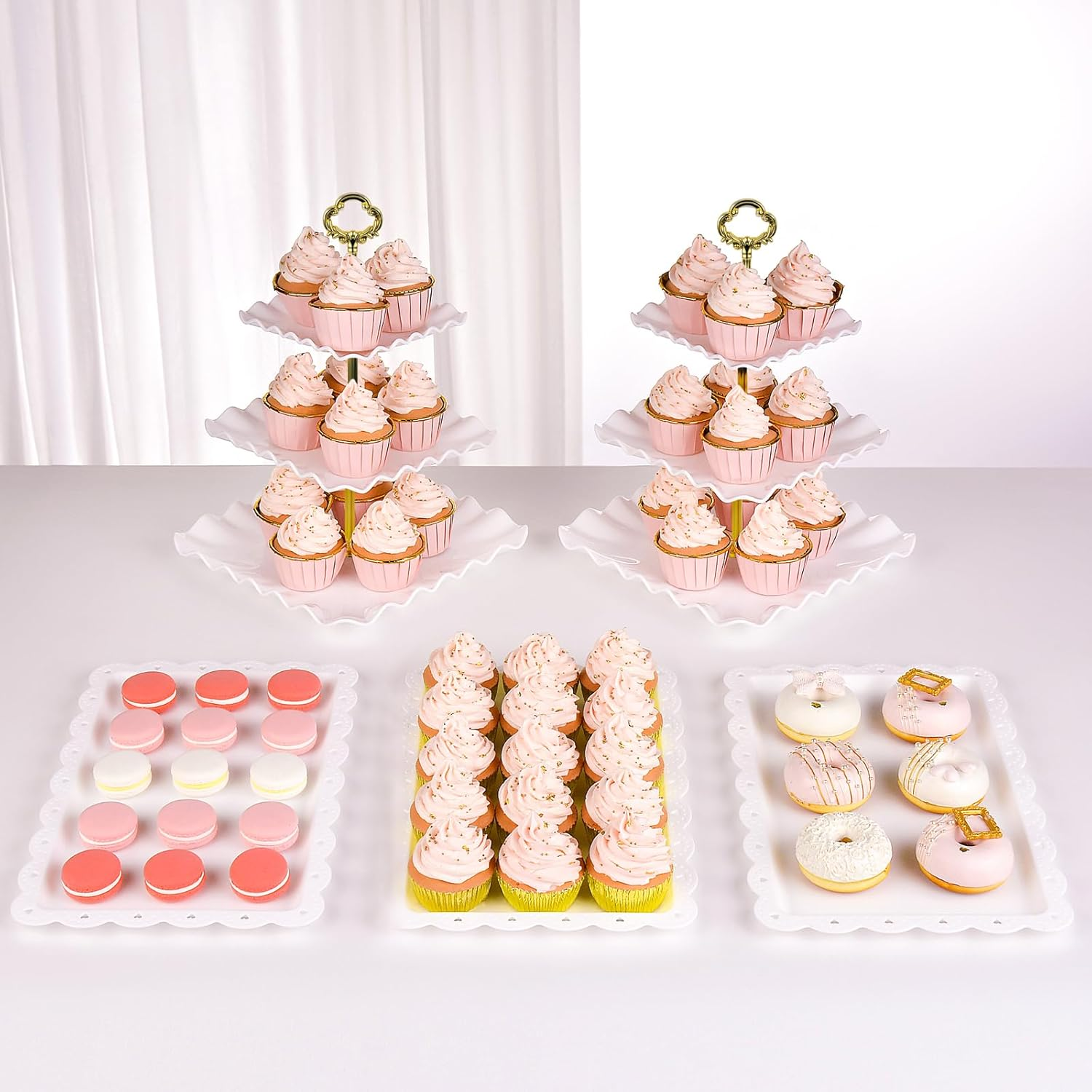 NWK 5 Piece Cake Stand Set with 2Xlarge 3-Tier Cupcake Stands + 3X Appetizer Trays Perfect for Wedding Birthday Baby Shower Tea Party (White)