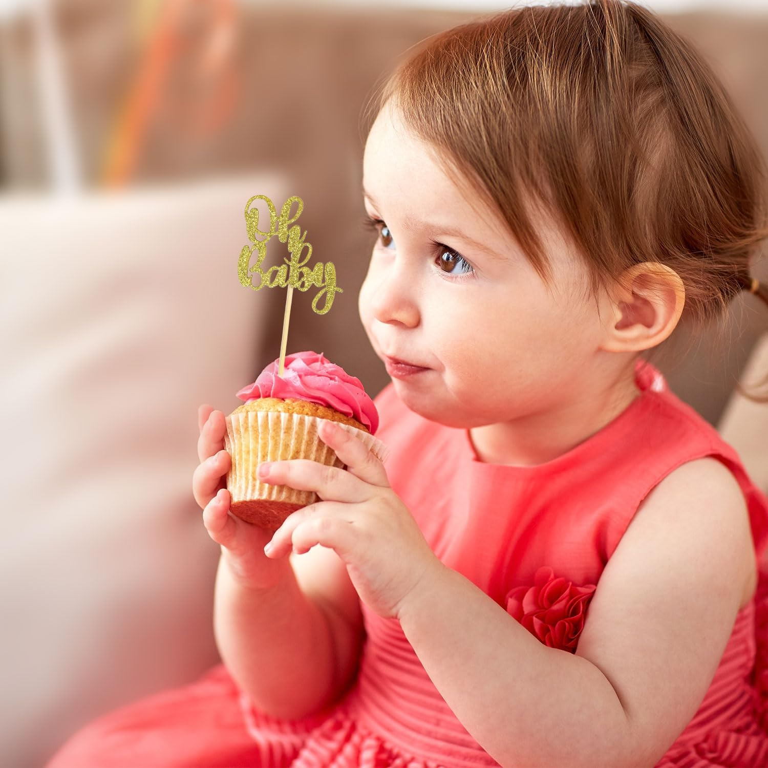 24Pcs Oh Baby Cupcake Toppers, Glitter Cake Picks for Boy or Girl Theme Baby Shower - Gold Decorations for Kids Birthday Party Supplies image number 6