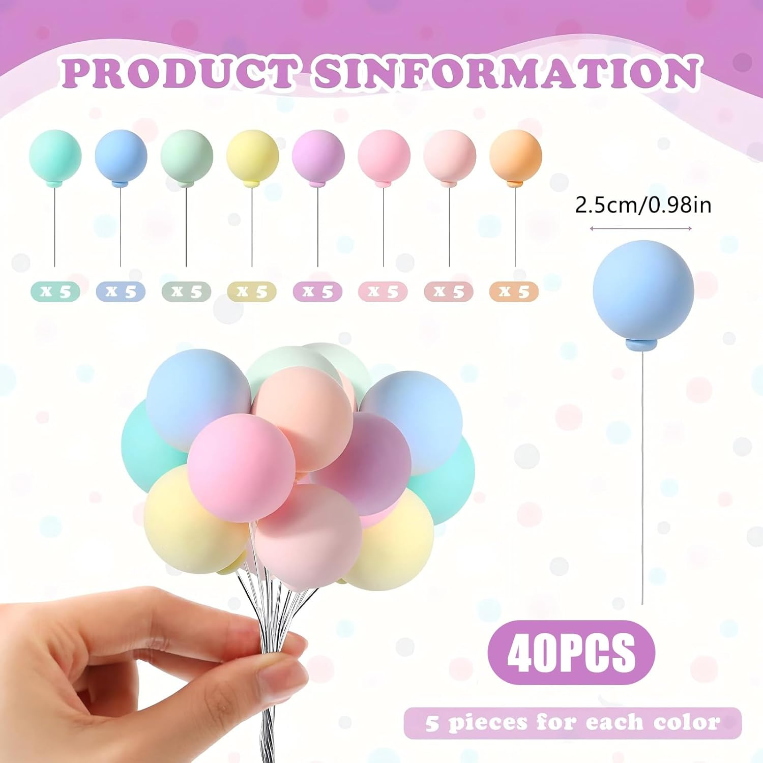 40Pcs Mini Balls Cake Topper, Colorful Balloon Rainbow Cake Balls Cupcake Topper, round Balloon Birthday Party Decorations, for Wedding Anniversary Birthday Baby Shower Party image number 1