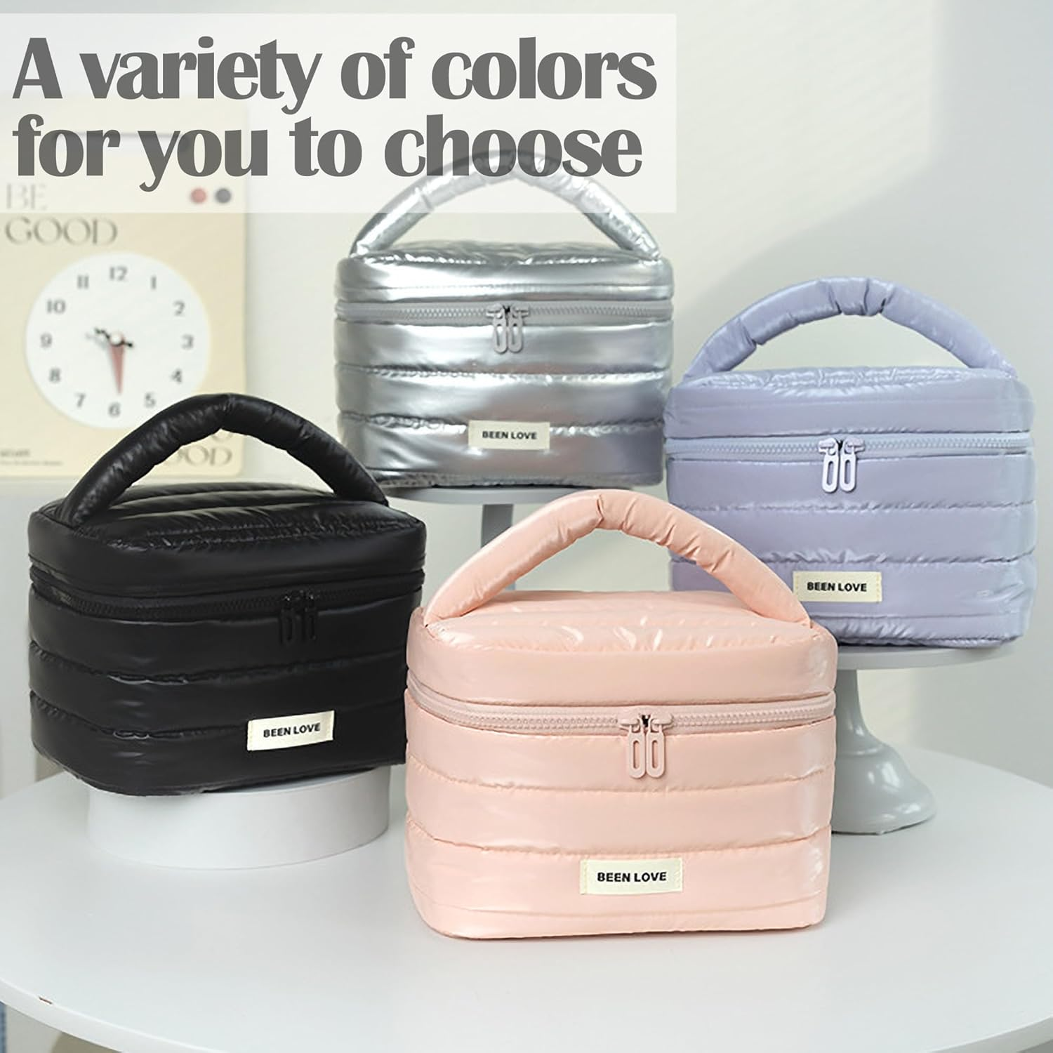 Cute Large Capacity Makeup Quilted Bag for Women&Girls/Down Jacket Waterproof Fabric/Makeup Brush/Cosmetic Bag/Toiletry Bag/Travel Case/Zipper Organizer Bag/Wide Open image number 5