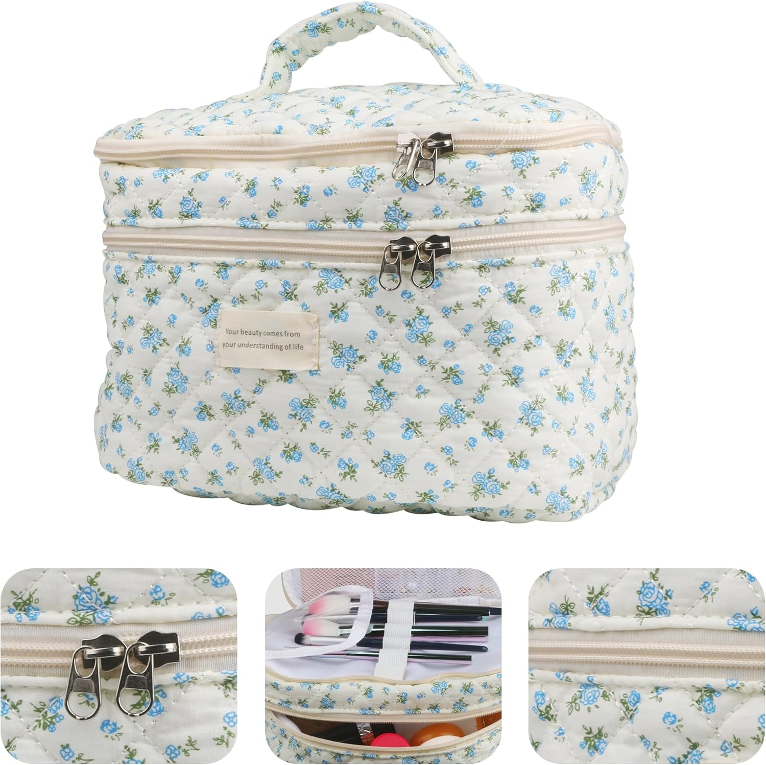 Cute Makeup Bag for Women(3 Pcs), Quilted Floral Coquette Aesthetic Make up Bags, Travel Cosmetic Bags Toiletry Organizer Bag, 12 - Blue Rose image number 2