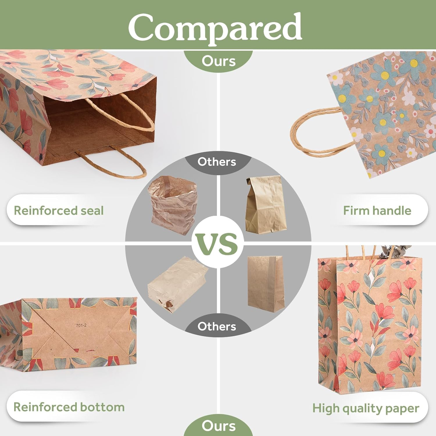 12Pcs Kraft Gift Bags, Geeric Party Gift Bag Printing Flower Gift Wrapping Bags with Handles Candy Treat Bag Paper Bags Bulk for Wedding,Thanksgiving Day,Party Supplies image number 2