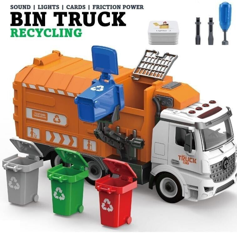 Toy Bin Truck Recycling Garbage Bins Inertia Friction Power DIY Truck Building Automatic Lifting Sound Lights with 4 Coloured Bins