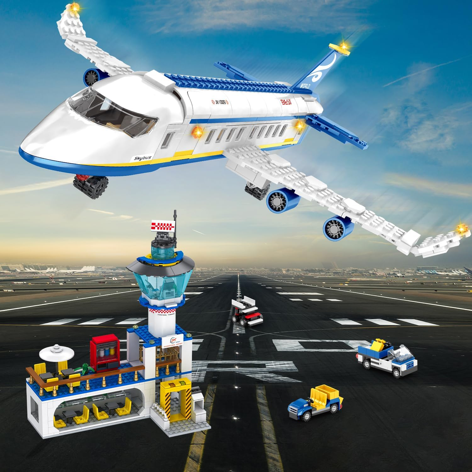 838 Piece Airport Passenger Terminal Building Blocks Set-6In1 Airplane Building Blocks Toy, Creative Building Projectswith Shuttle Bus,Baggage Truck, Top STEM Toy for Boy and Girl Ages 6 7 8+ image number 3