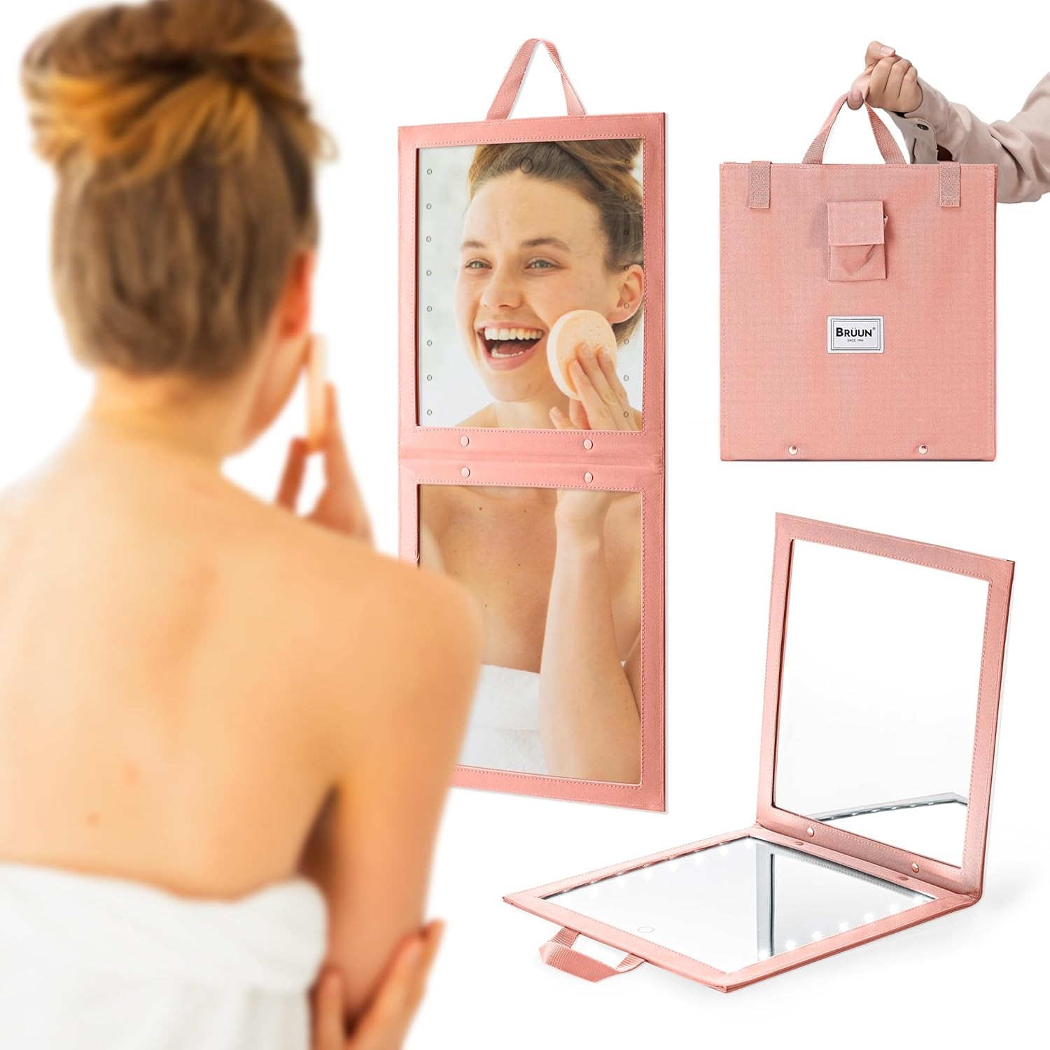 Bruun Hangable Mirror with Dimmable LED Lights for Luminous View &ndash; a Pink Foldable Backstage Mirror for Dancers, Artists and Aestheticians at Home, Spa or Events with Touch Sensitive Power Button image number 3