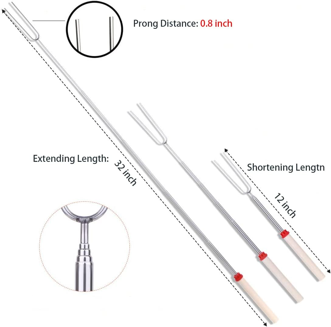 Marshmallow Roasting Sticks 4Pcs Extendable 32Inch Long Metal Barbecue Skewers for Grilling Set,Telescoping Smores BBQ Forks, Fire Pit Sticks for Hot Dogs,Camping,Bonfire