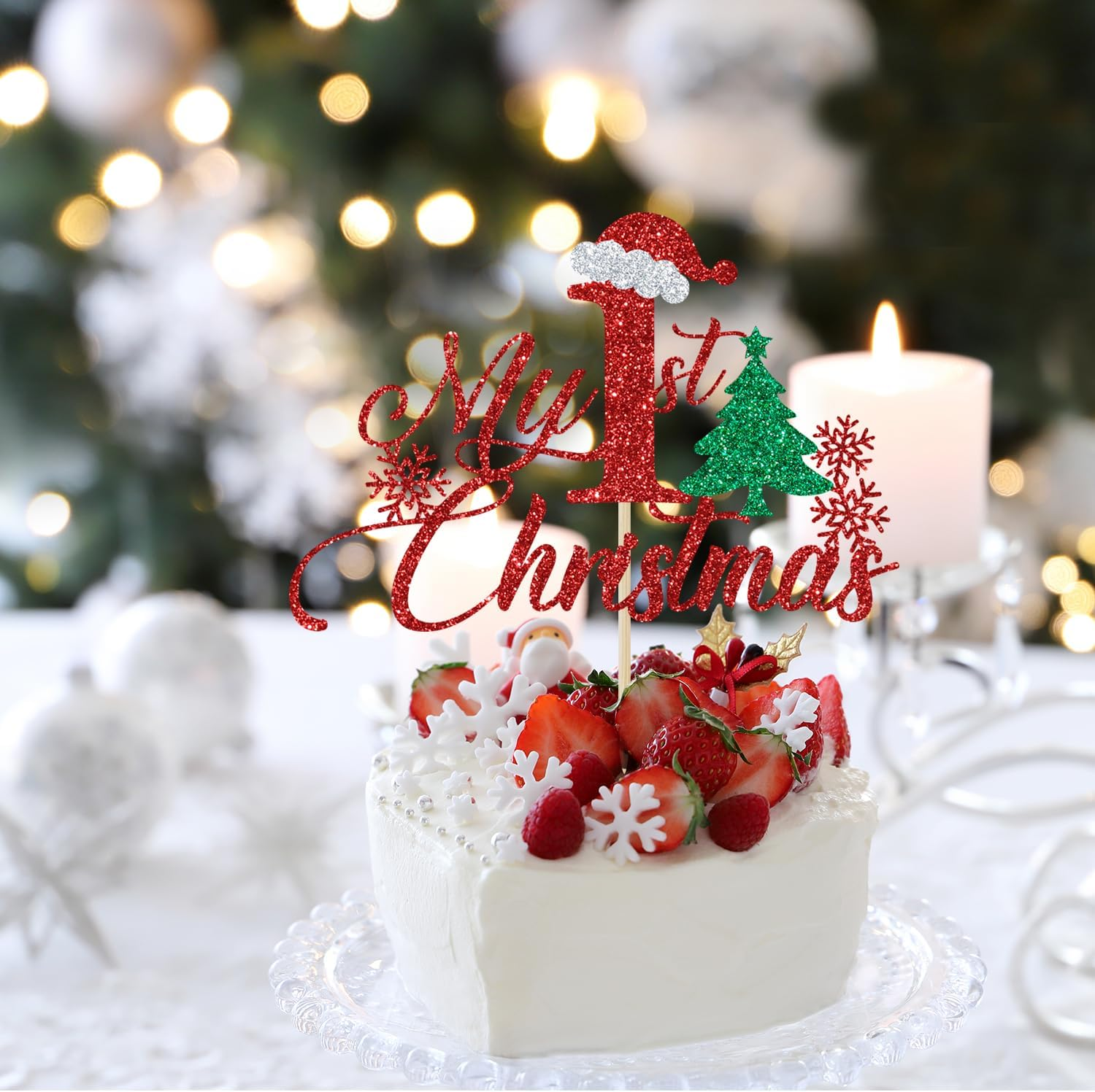 My 1St Christmas Cake Topper, Christmas 1St Birthday, Winter Xmas Baby Shower Decor, Baby'S First Christmas Party Decorations, Red Glitter image number 4