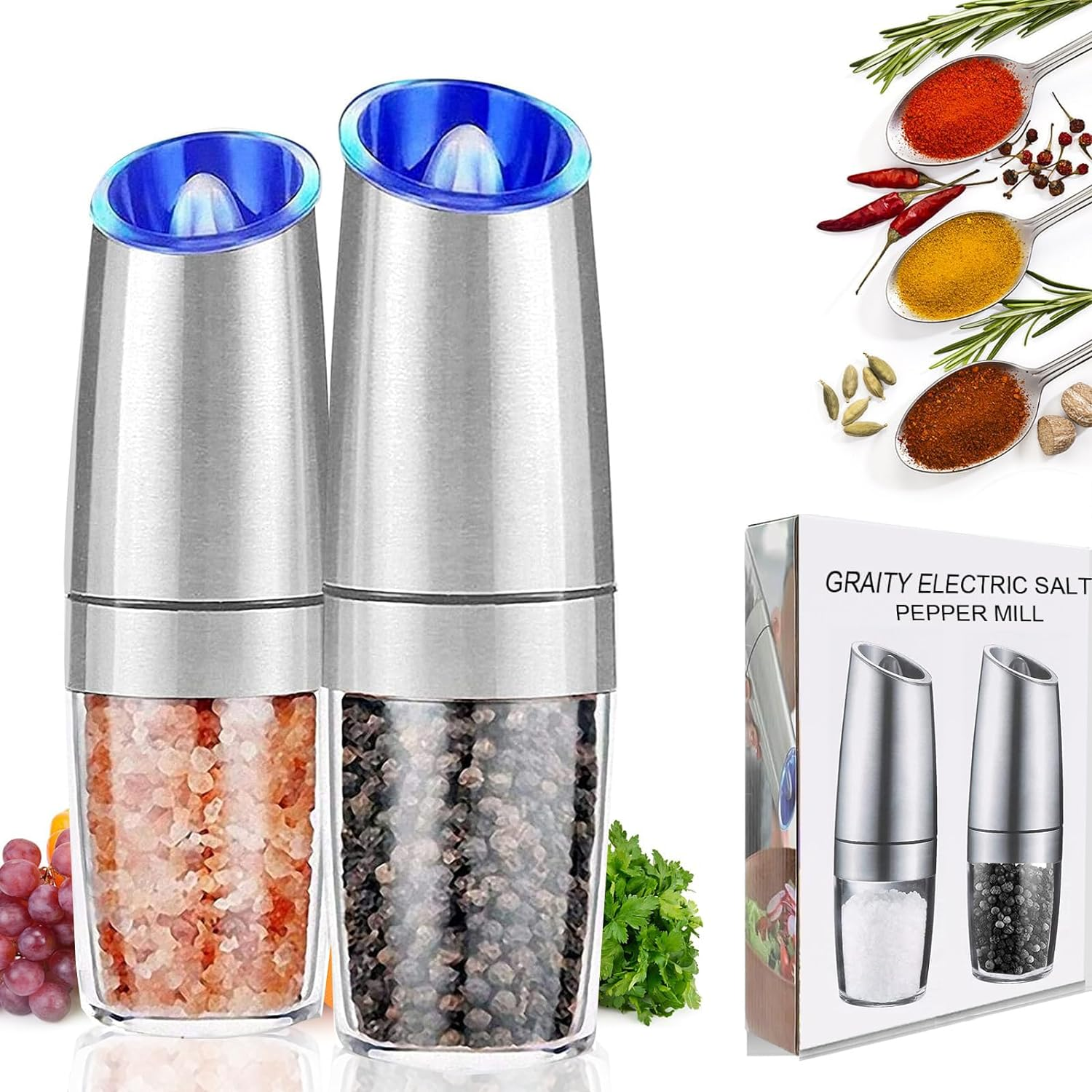 AVNICUD Electric Salt and Pepper Grinder, Automatic Pepper Mill, Gravity Salt Grinder, Battery-Operated with Adjustable Coarseness, LED Light, One Hand Operated (Silver 2Pack)