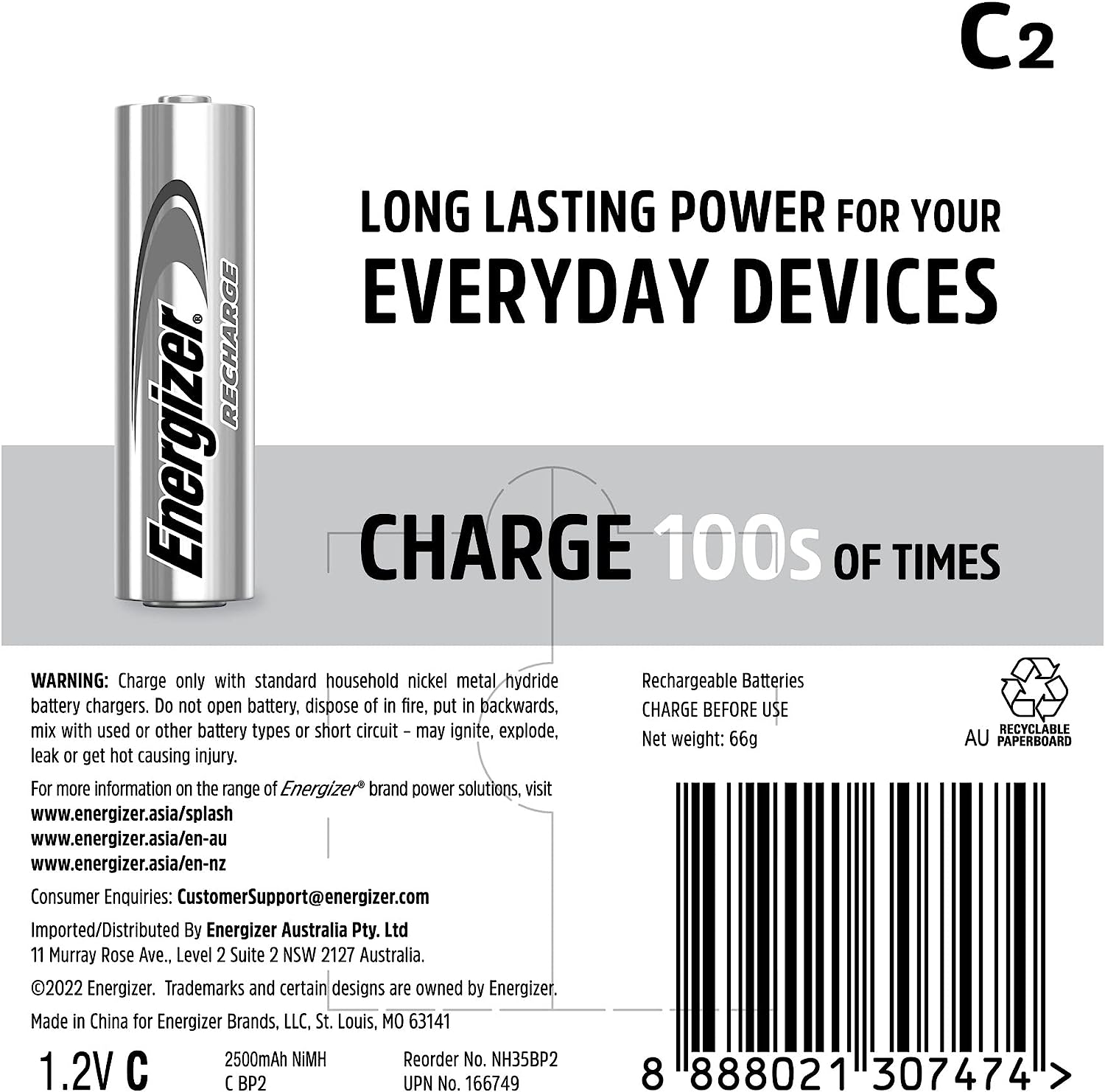 Energizer Recharge 2500Mah C Batteries- 2 Pack