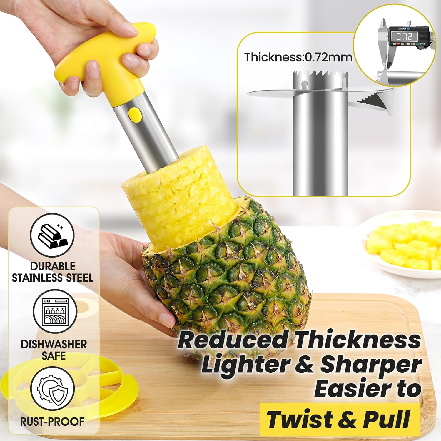 Premium Pineapple Corer and Slicer Tool - Pineapple Cutter with Sharp Serrated Tips - Easy to Use & Clean - Stainless Steel Core Remover for Pineapple - Slice and Core Fruits with Ease(Yellow) image number 3