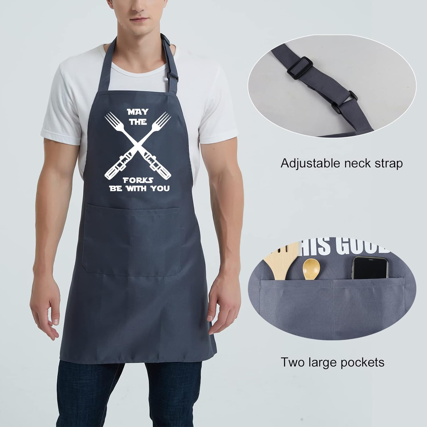 Cooking Aprons for Men Women, Kitchen Chef Apron, BBQ Grilling Gifts for Husband Dad - May The Forks Black image number 3