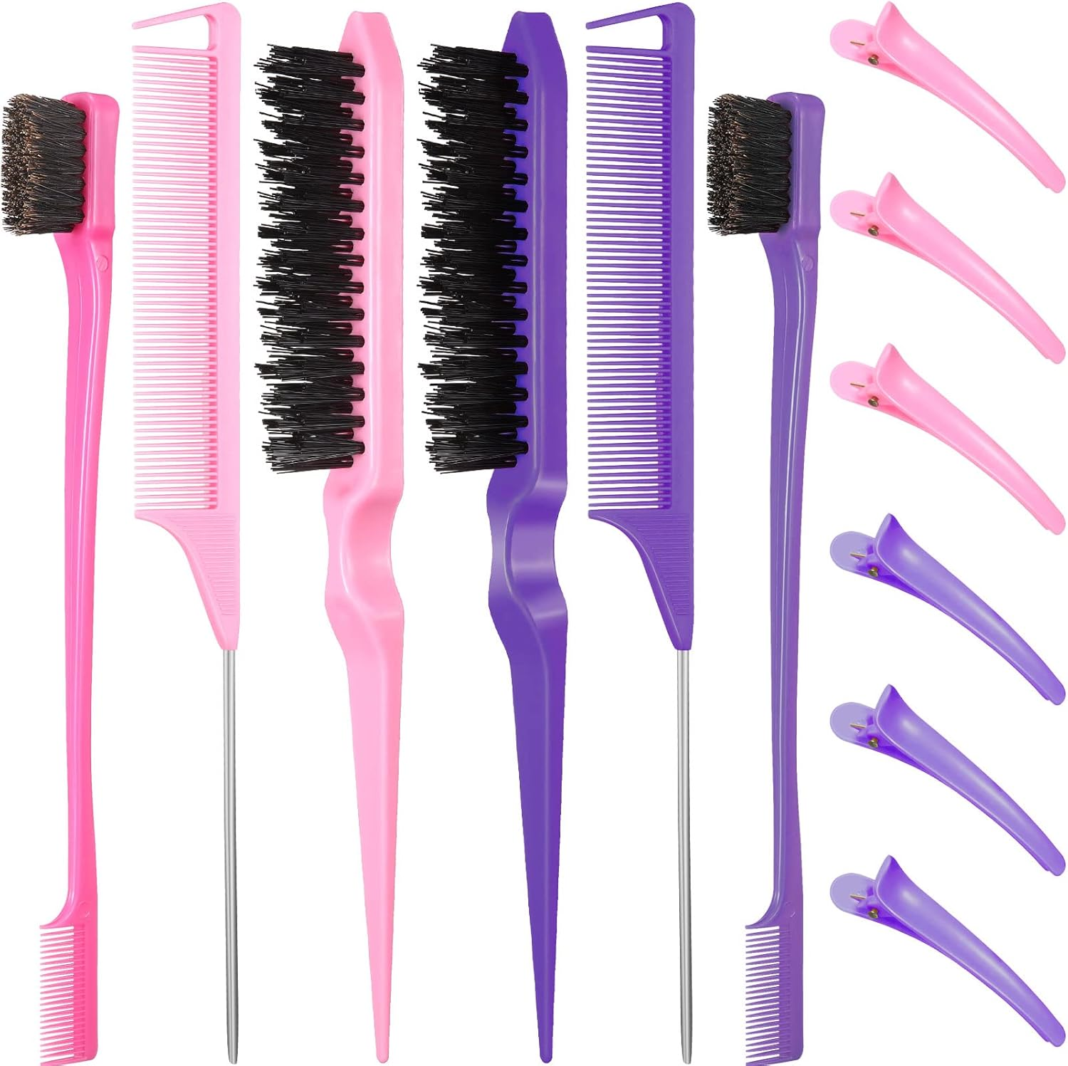 Remerry 12 Pieces Hair Brush Set, Nylon Teasing Hair Brushes 3 Row Salon Teasing Brush, Double Sided Edge Smooth Comb Grooming, Rat Tail Combs with Duckbill Clips for Women(Pink) - Blue image number 6