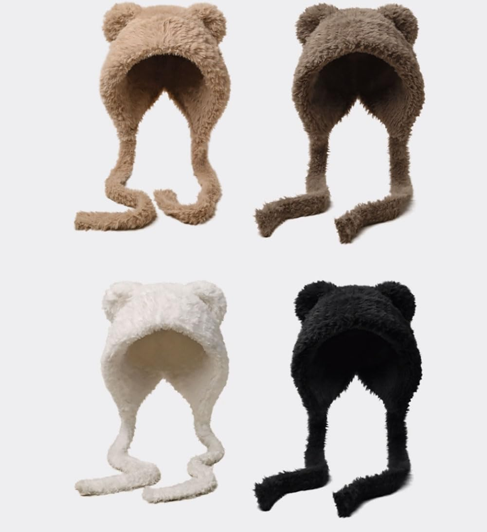 Women Winter Beanie Hats Knit Ear Flaps Cute Stuffed Bear Ears Fleece Lined Fluffy Ski Snow Hat