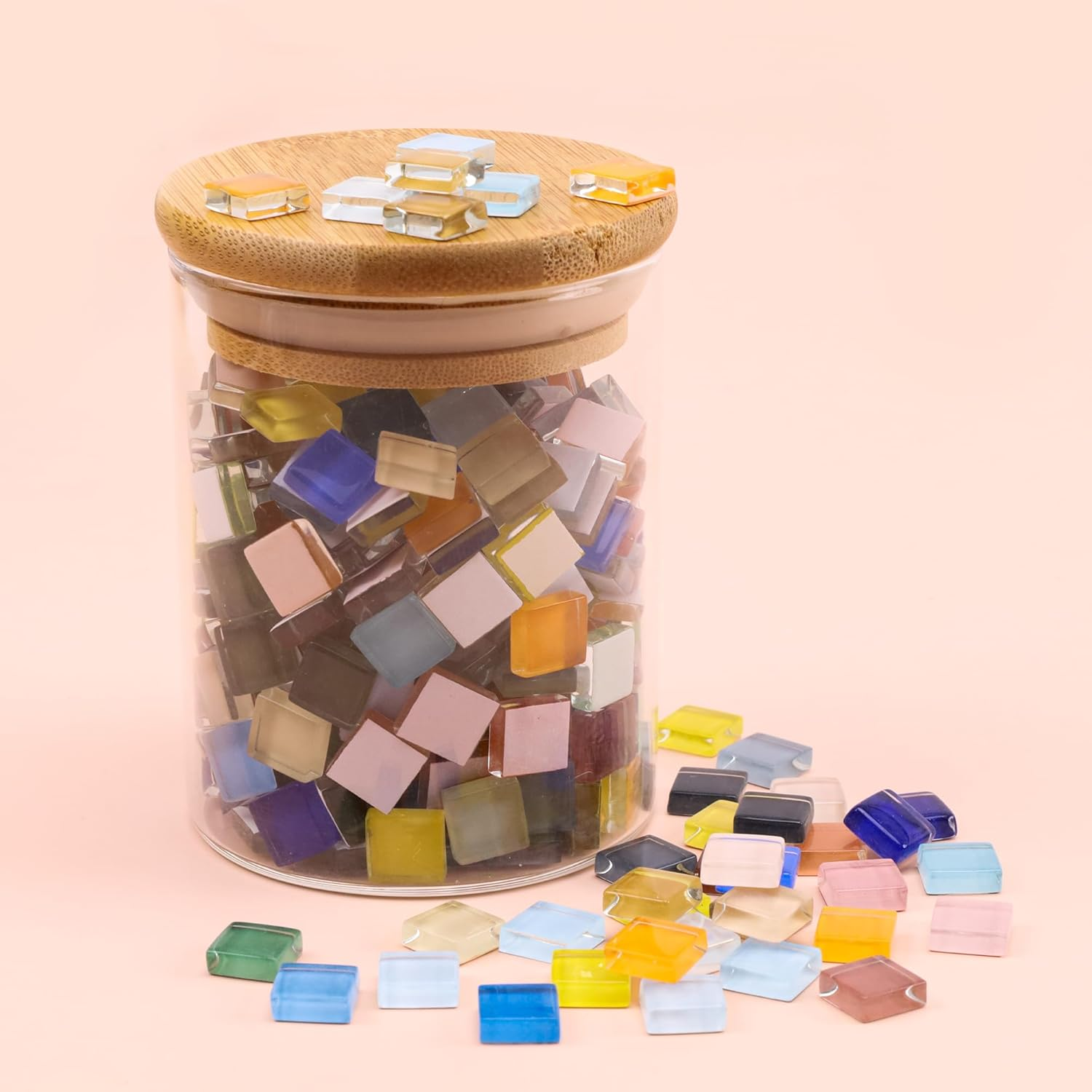 Glass Mosaic Tiles for Crafts Colorful Stained Glass Mosaic Pieces Iridescent Bulk Square Flat Mirror Tile Kits for Adults 160Pcs Crystal Picture Frames DIY Kit image number 3