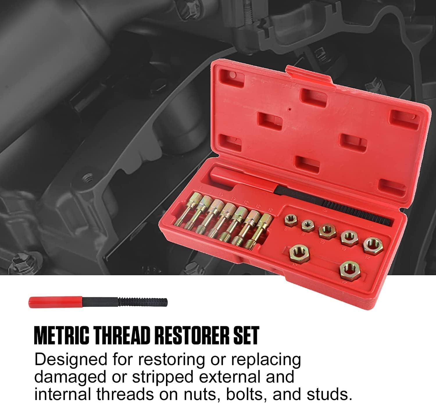 15PCS Metric Thread Chaser Set, Universal Metric Thread Restorer Kit with 7 Taps Thread Chaser Set, 7 Dies and 1 Thread File Rethreading Kit Thread Repair Kit image number 1