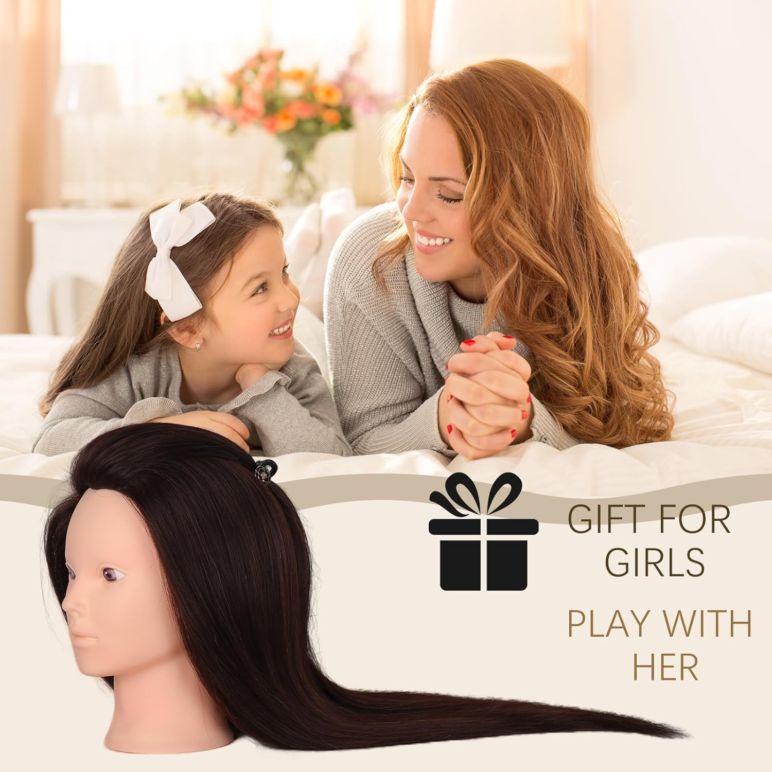 Hair Styling Training Head, 23" Dark Brown Cosmetology Mannequin Head Hairdressing Manikin Doll Head with Clamp & Styling Tools (Brown without Makeup) - Brown Without Makeup image number 3