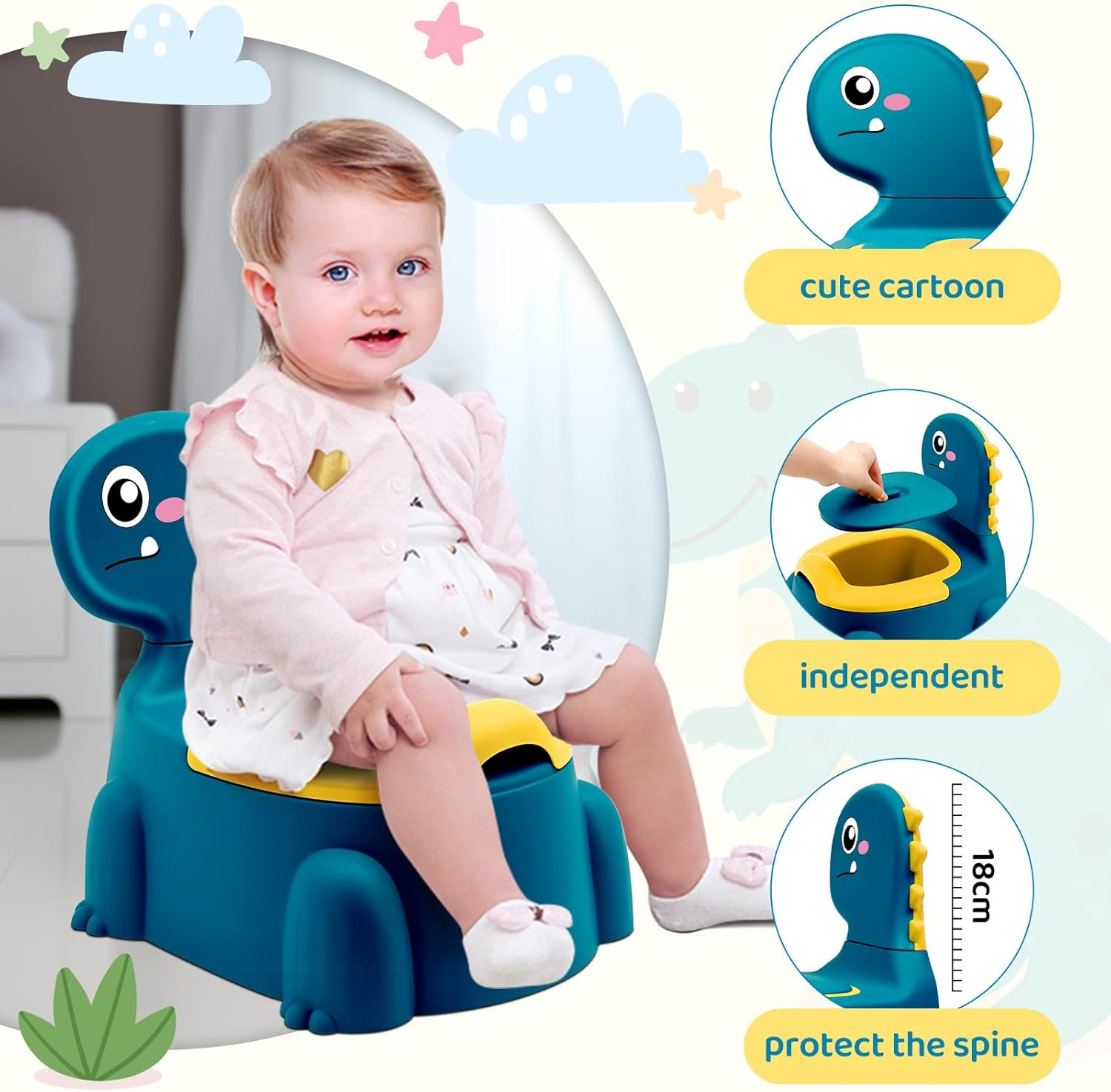 Potty Seat Baby Training Chair Boys Girls Toddler Dinosaur Comfortable Children 1-5 Years Old Baby Toilet Animal Seat with Lid Back Potty Trainer (Blue)