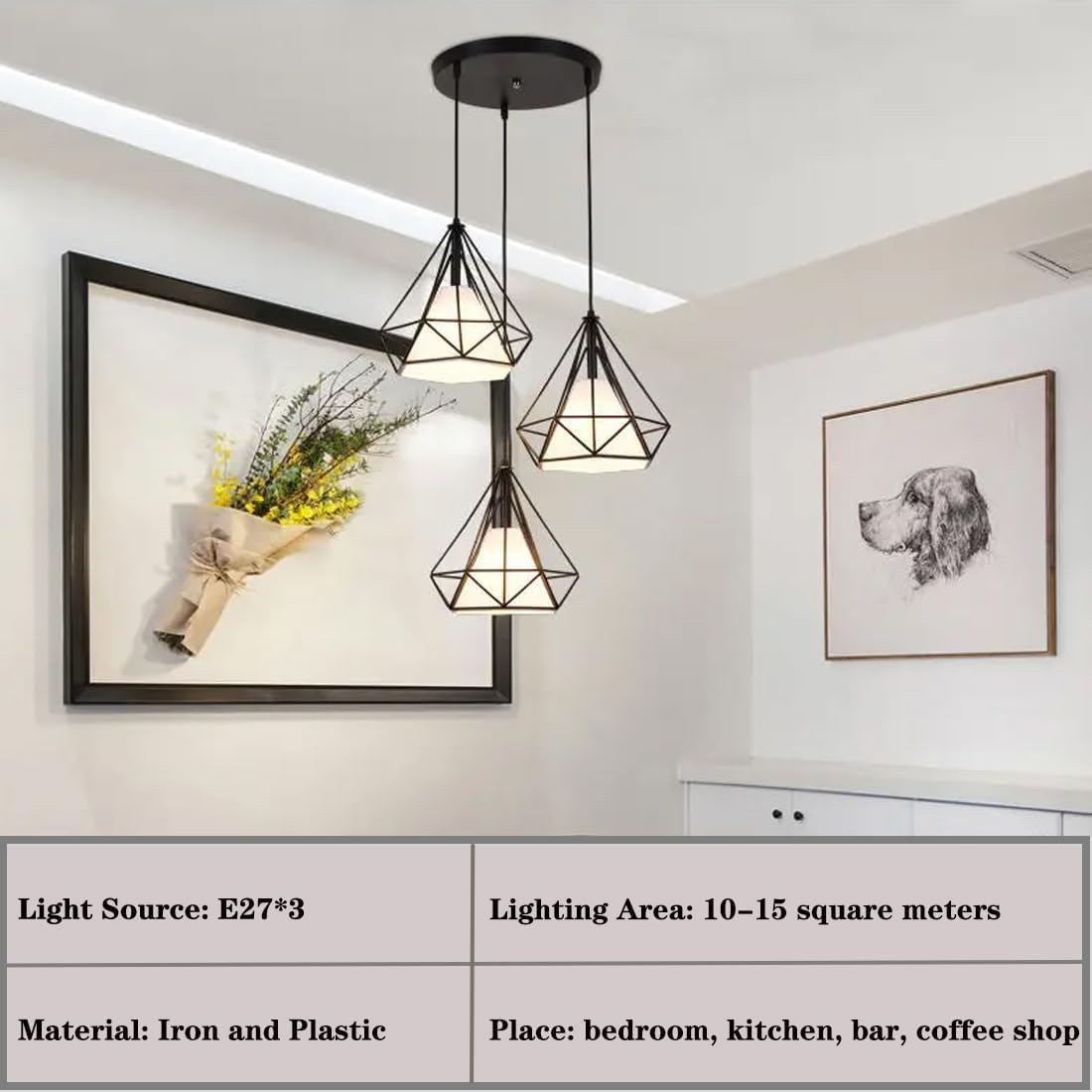 Industrial 3-Light Pendant Light Kitchen Adjustable Flush Mount Ceiling Lighting for Kitchen Island Living Room Bedroom Hallway, Vintage Hanging Pendant Lights Fixture image number 6