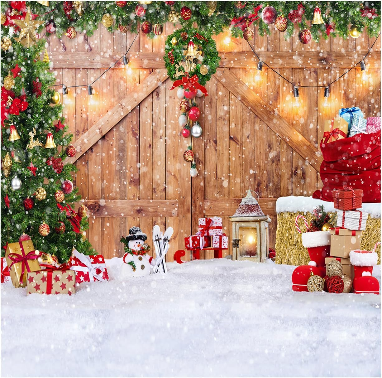 SJOLOON Rustic Christmas Barn Wood Door Backdrop for Photography Xmas Tree Snow Gift Wall Floor Party Photo Background Winter Holiday Family Supplies Banner Decoration Studio Props 12391 (10X8Ft) image number 5