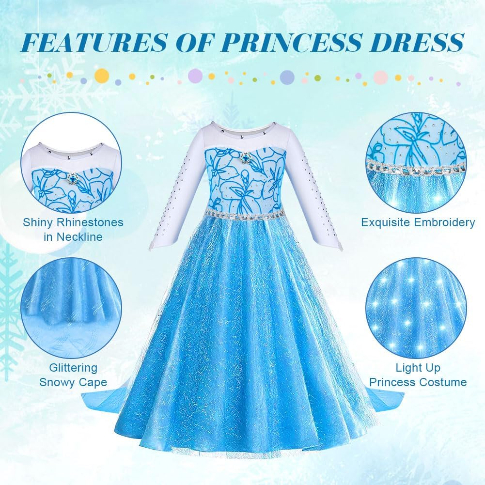 ACWOO Princess Costumes for Girls, Light up Magical Snow Princess Dress, Light up Princess Dress Girls, Christmas Halloween Elsa Dress with LED, Princess Fancy Dress for Birthday, Cosplay